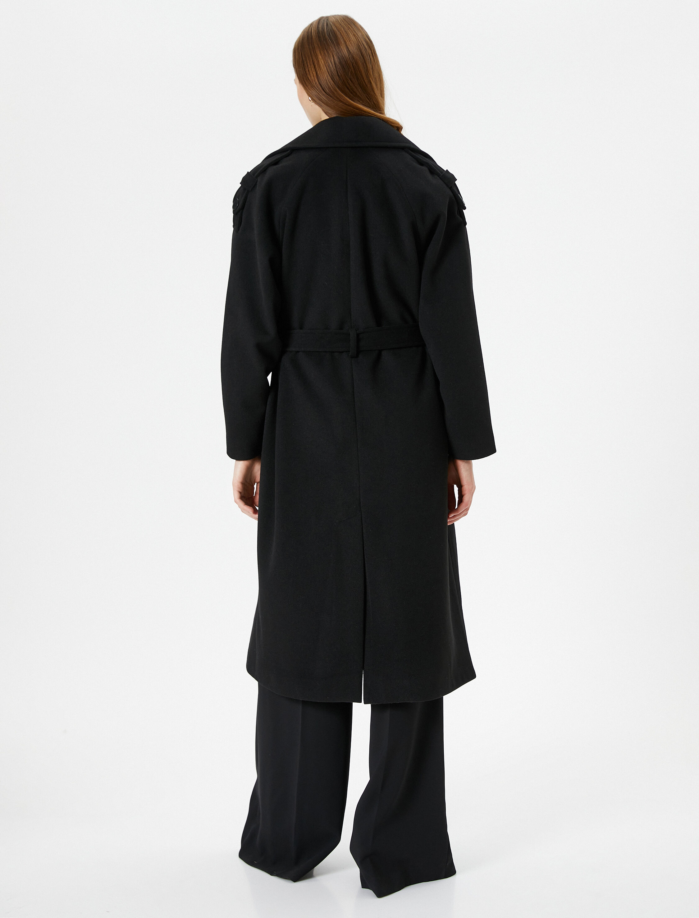   Uzun Kaşe Kaban Kruvaze Düğmeli Cepli Kuşaklı