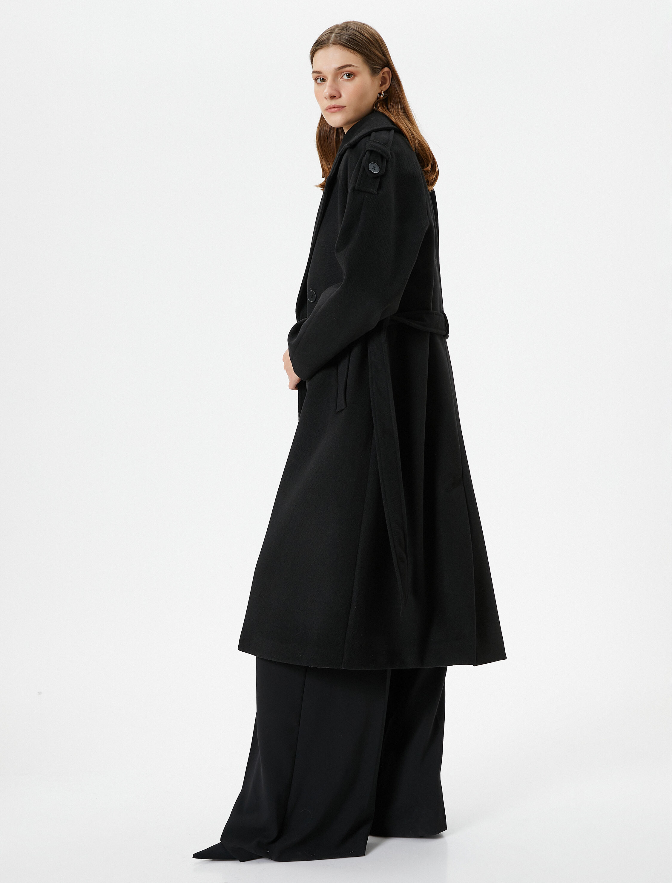   Uzun Kaşe Kaban Kruvaze Düğmeli Cepli Kuşaklı