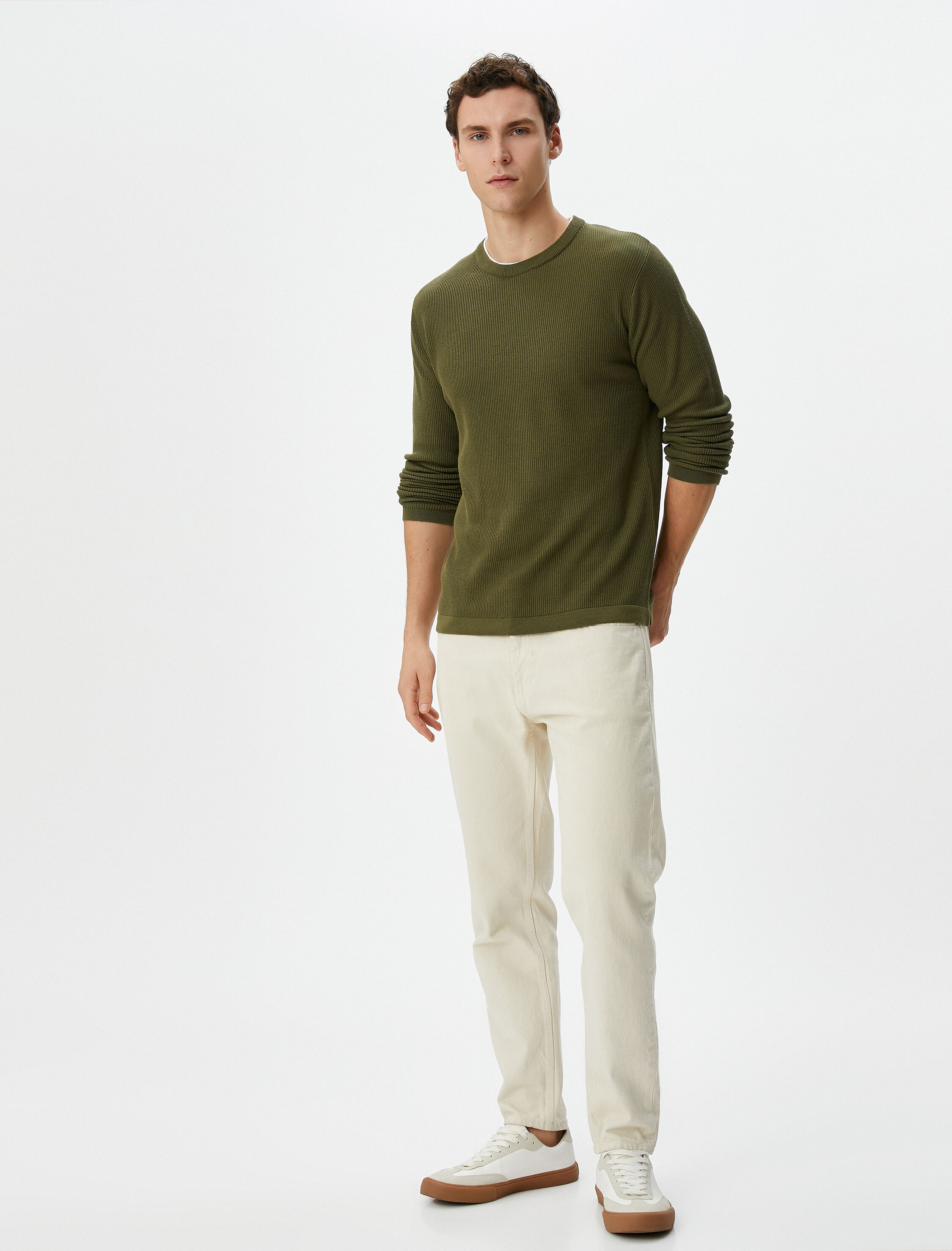   Basic Triko Kazak Bisiklet Yaka Kumaş Detaylı Pamuklu