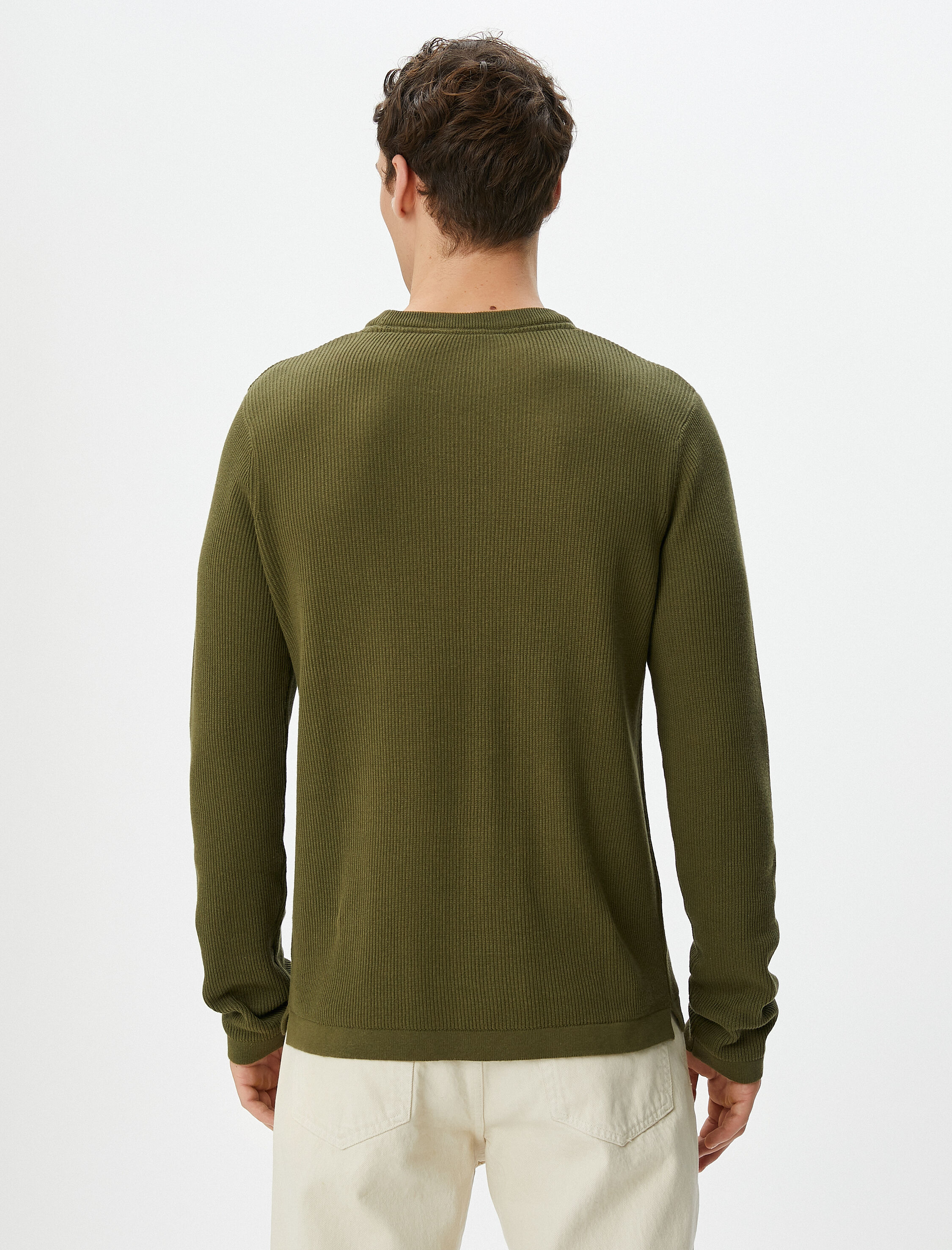   Basic Triko Kazak Bisiklet Yaka Kumaş Detaylı Pamuklu