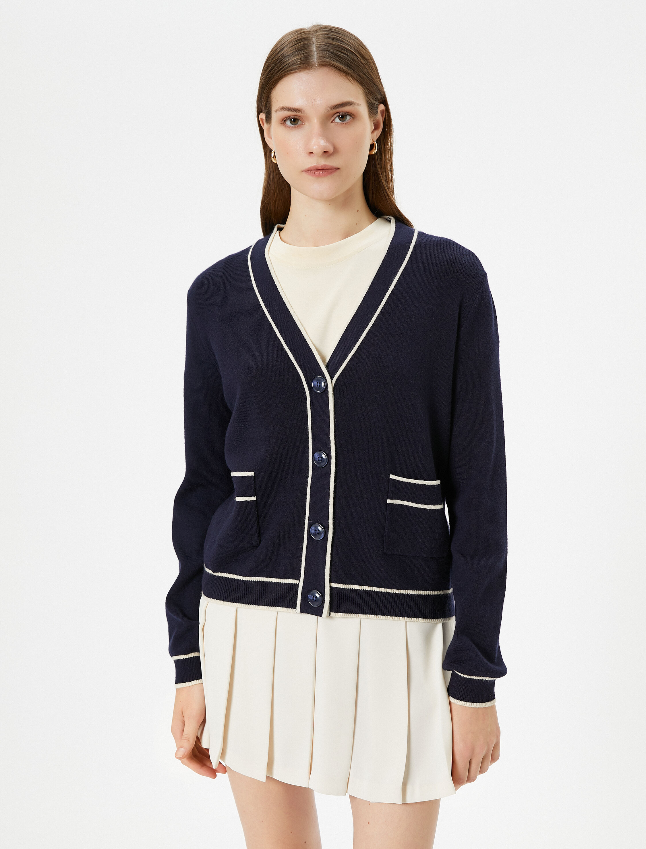   Triko Hırka Düğmeli Cepli V Yaka