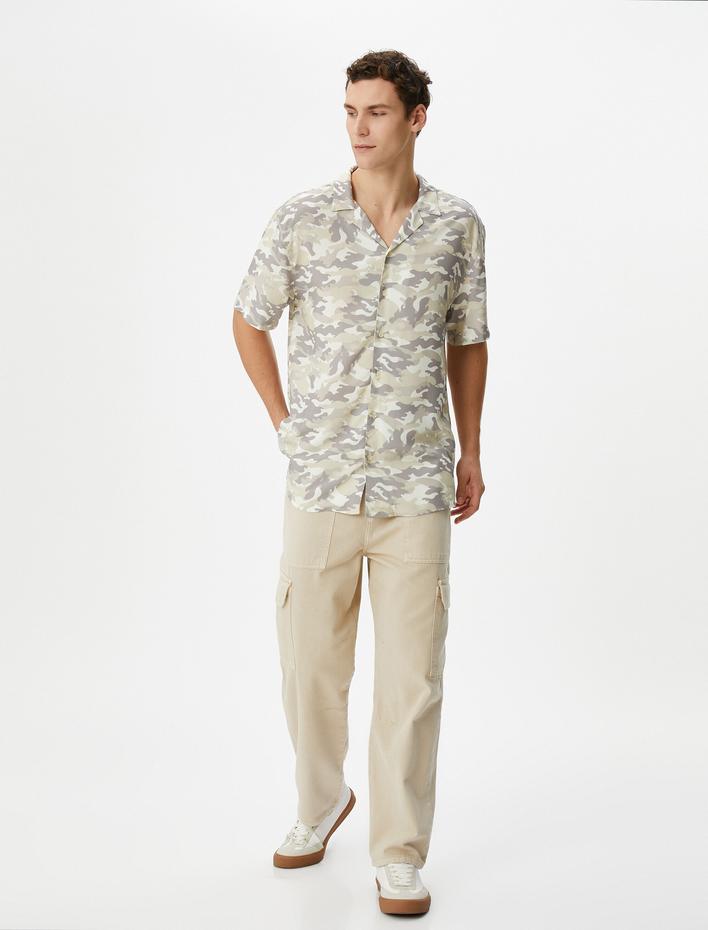  Kamuflaj Baskılı Gömlek Kısa Kollu Devrik Yaka Viskon Kumaş