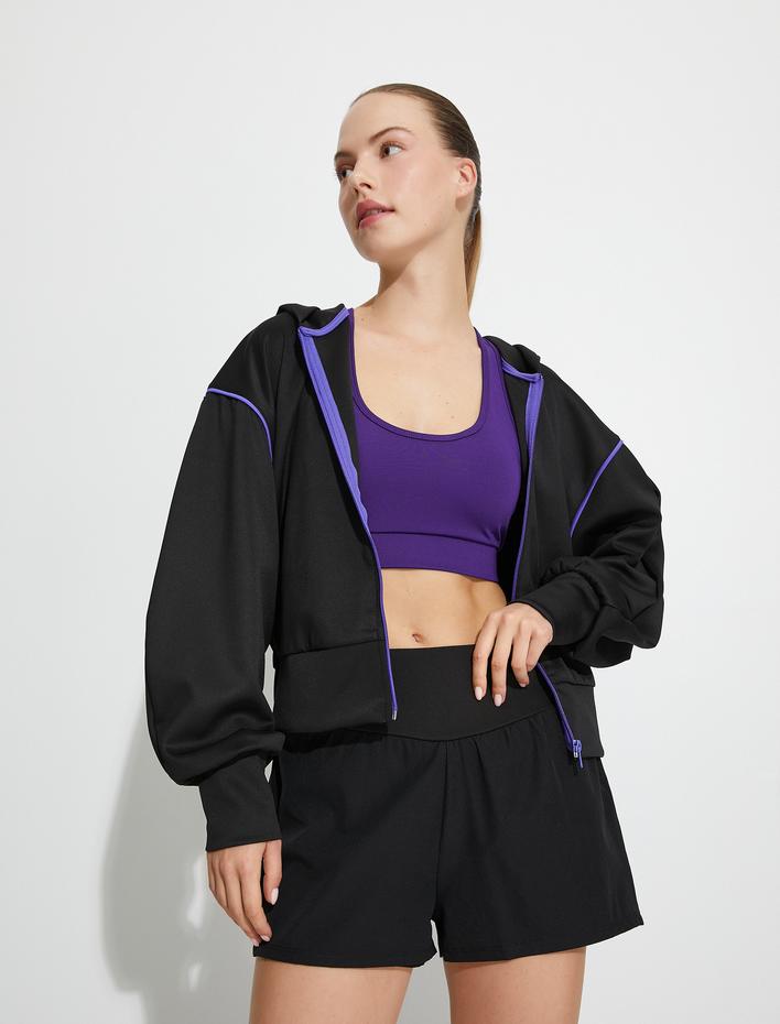  Kapüşonlu Fermuarlı Sweatshirt Bol Kalıp Renk Kontrastlı