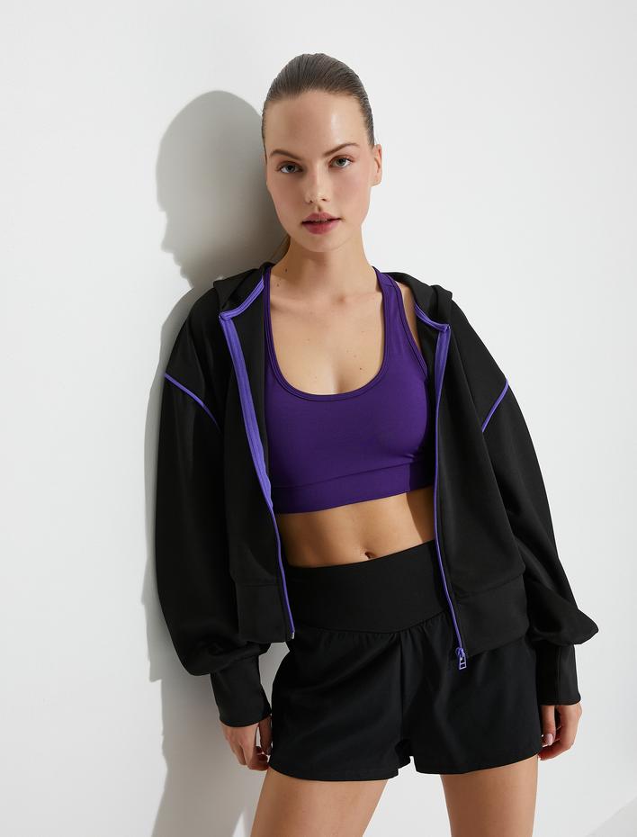  Kapüşonlu Fermuarlı Sweatshirt Bol Kalıp Renk Kontrastlı