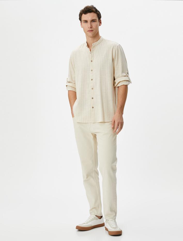  Hakim Yaka Gömlek Düğmeli Kıvrılabilir Kol Detaylı Regular Fit