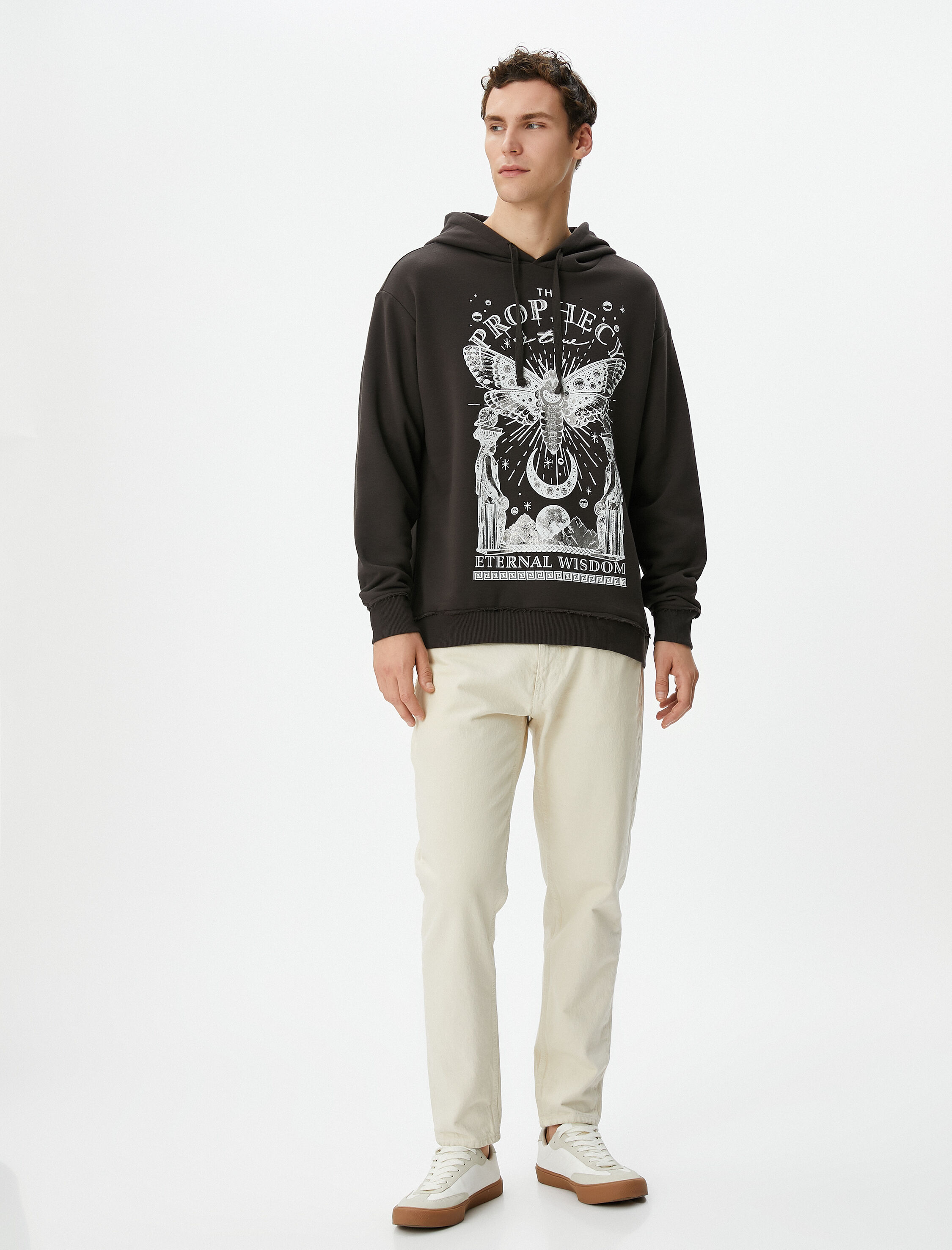   Oversize Kapşonlu Sweatshirt Mistik Baskılı Sloganlı Şardonlu