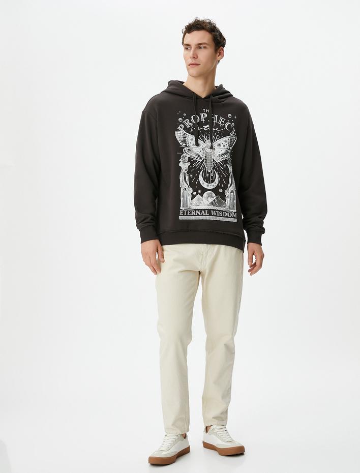  Oversize Kapşonlu Sweatshirt Mistik Baskılı Sloganlı Şardonlu