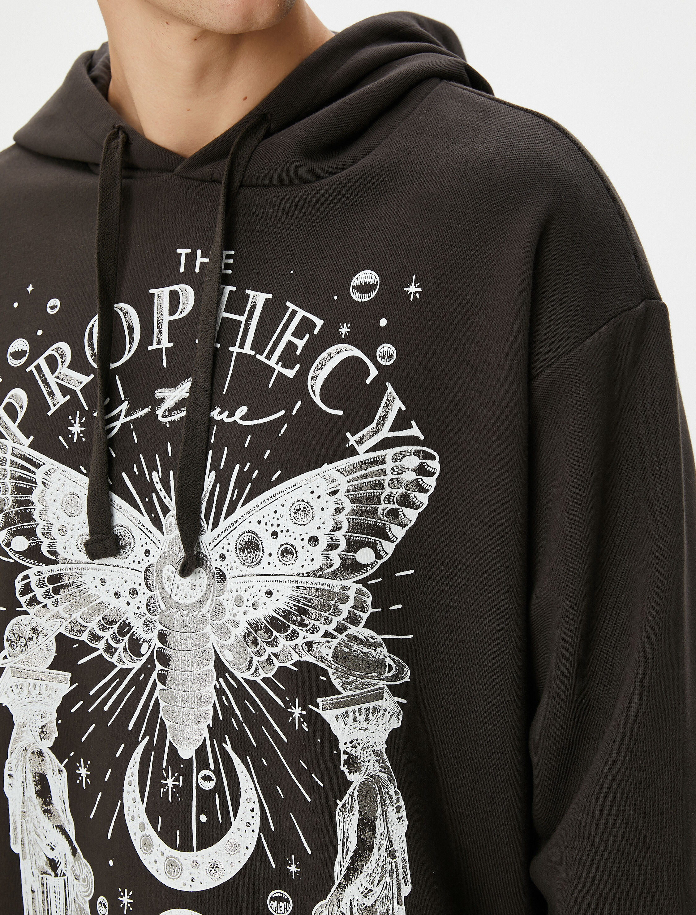   Oversize Kapşonlu Sweatshirt Mistik Baskılı Sloganlı Şardonlu