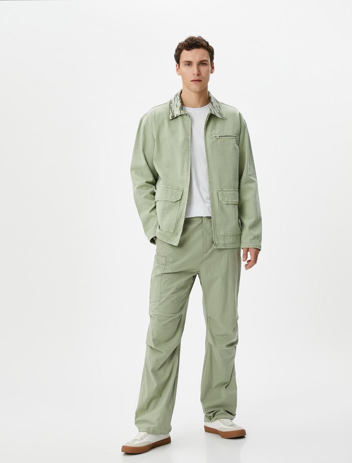  Yıkamalı Kot Ceket Kamuflaj Yakalı Cep Detaylı Fermuarlı