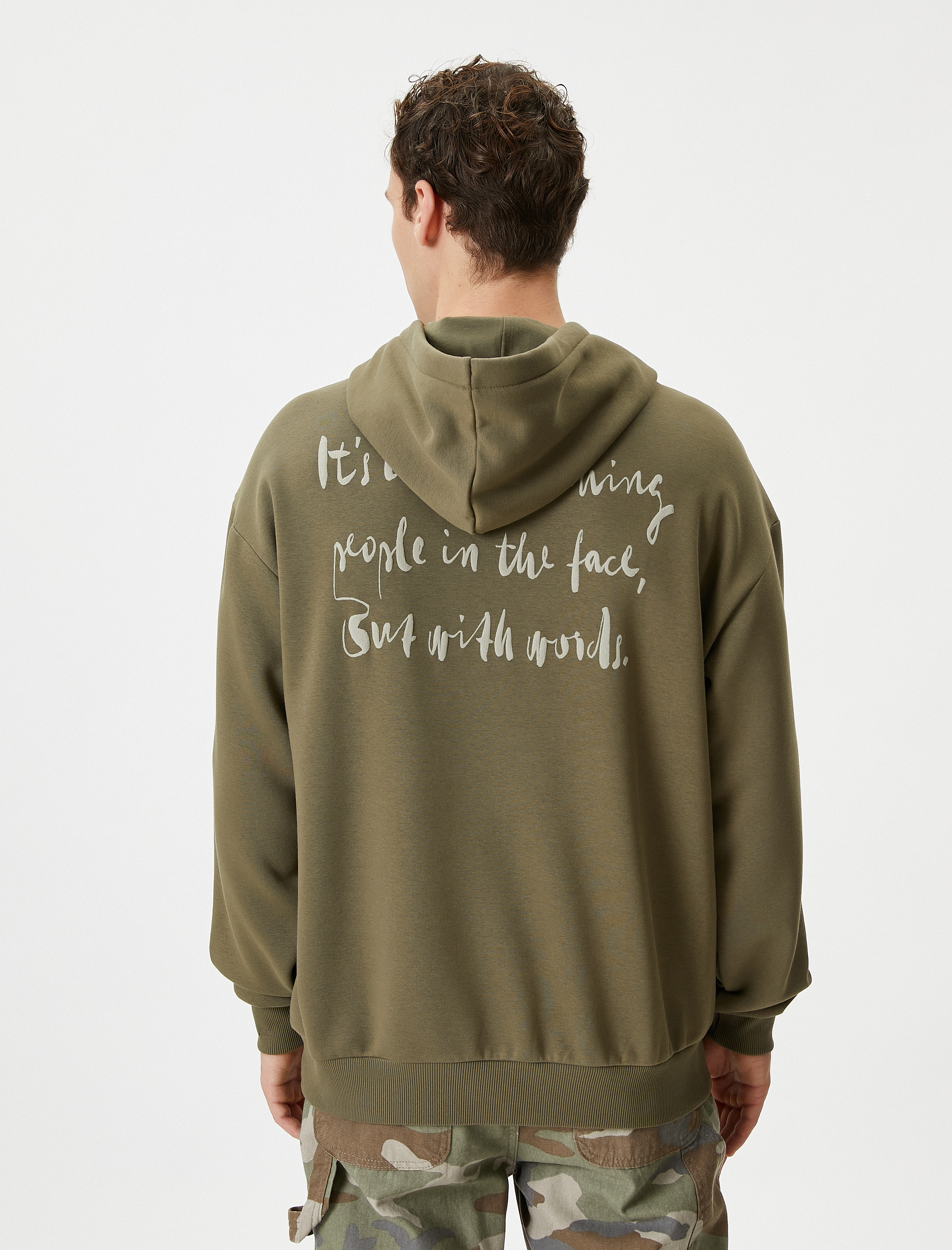   Arkası Baskılı Hoodie Oversize Sloganlı Kanguru Cep Detaylı Şardonlu