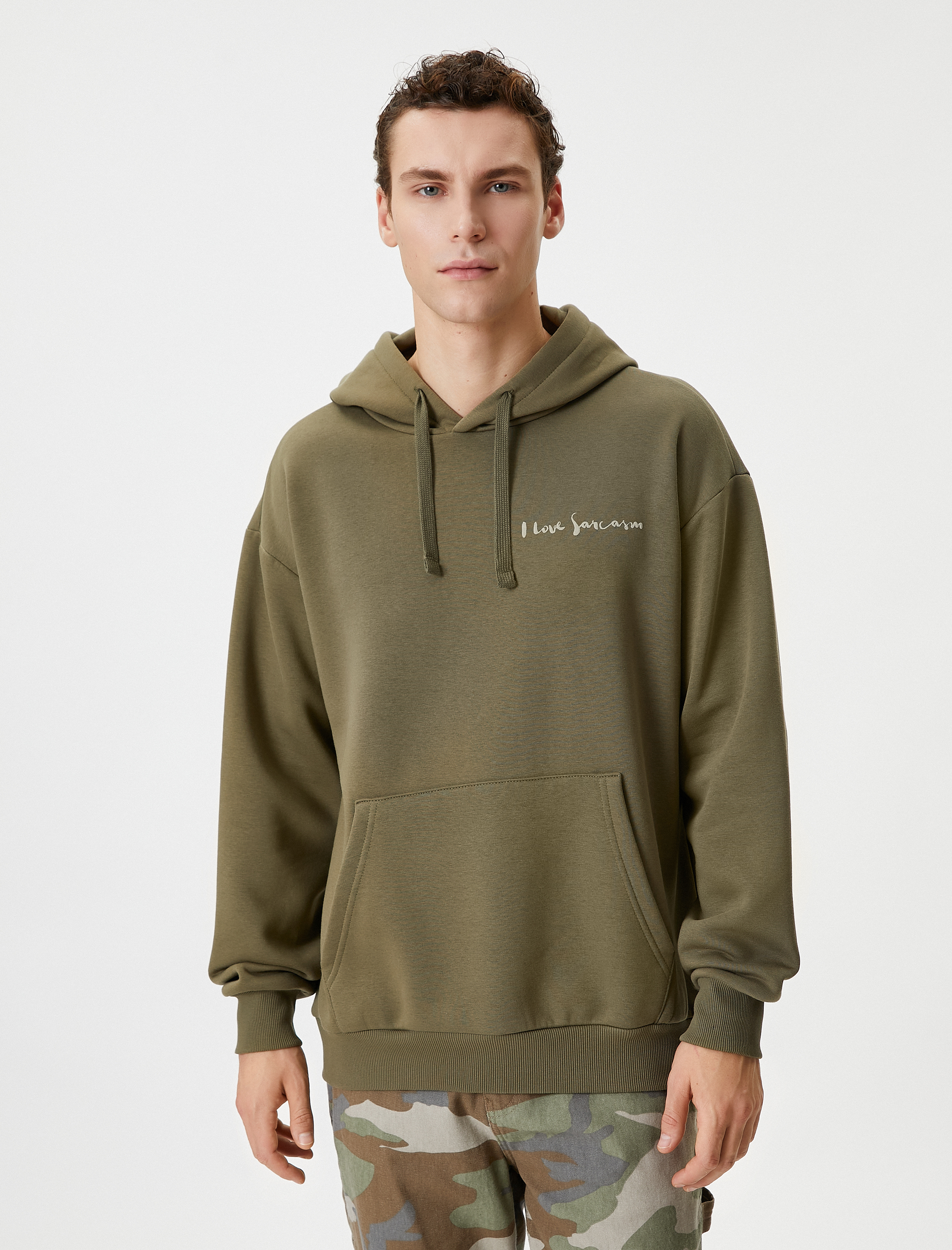   Arkası Baskılı Hoodie Oversize Sloganlı Kanguru Cep Detaylı Şardonlu