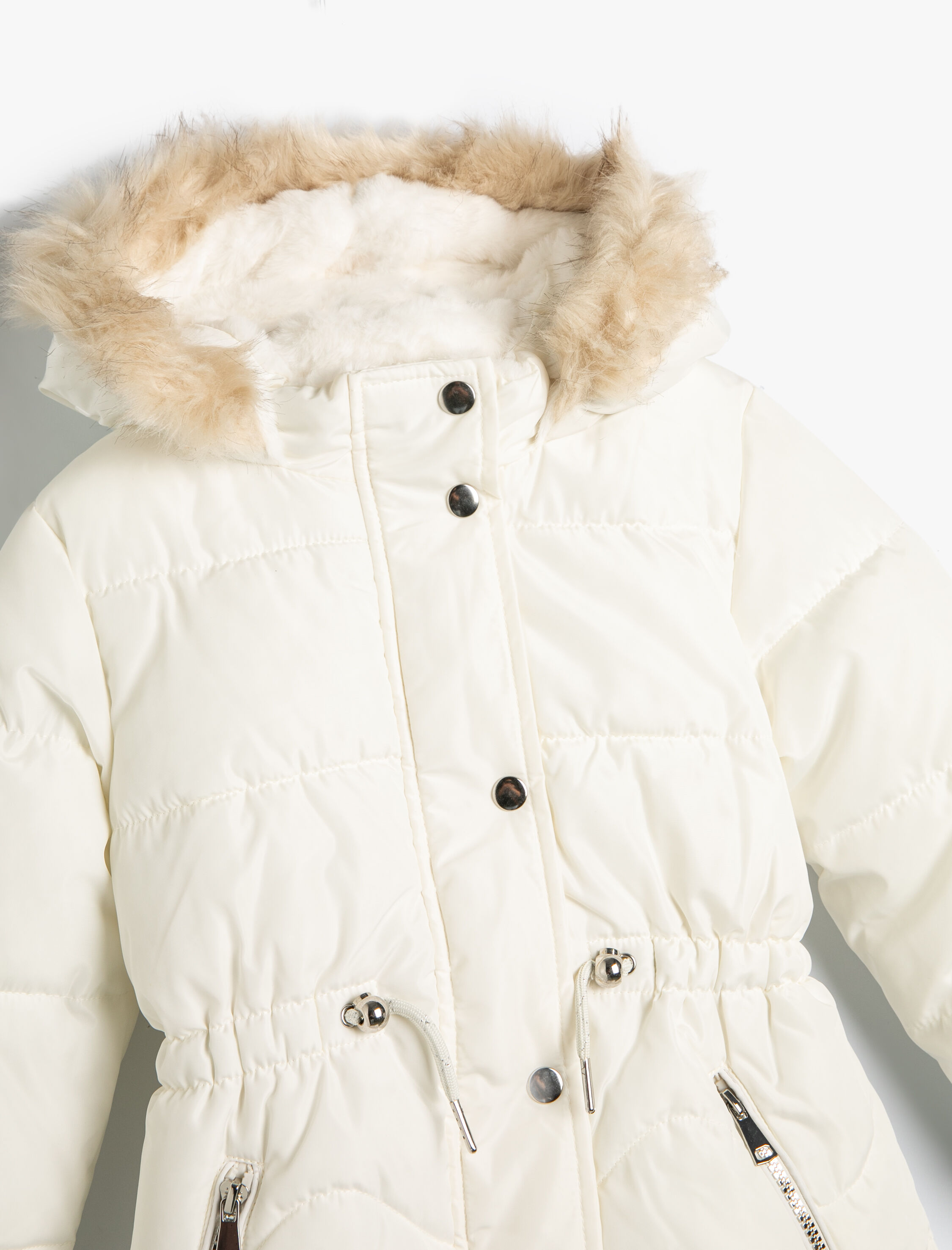  Kız Çocuk Uzun Şişme Mont Peluş Detaylı Cepli Fermuarlı