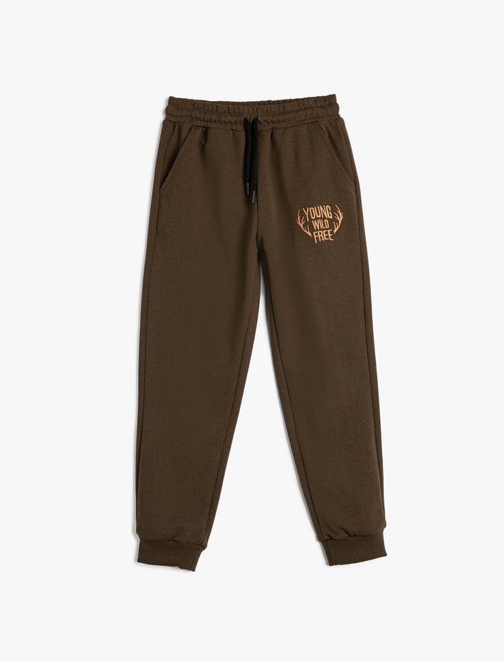 Erkek Çocuk Eşofman Altı İşlemeli Cep Detaylı Paçası Beli Lastikli Şardonlu