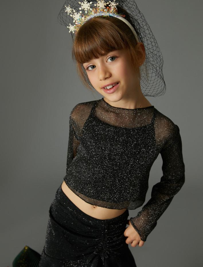 Kız Çocuk Yılbaşı Crop Tişört  Simli Uzun Kollu