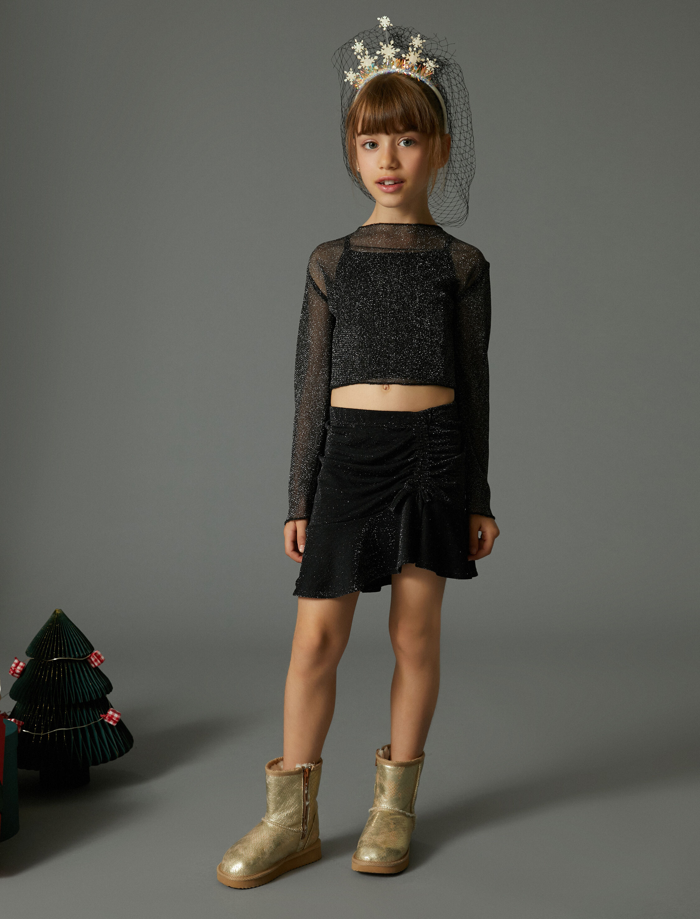 Kız Çocuk Crop Tişört  Simli Uzun Kollu