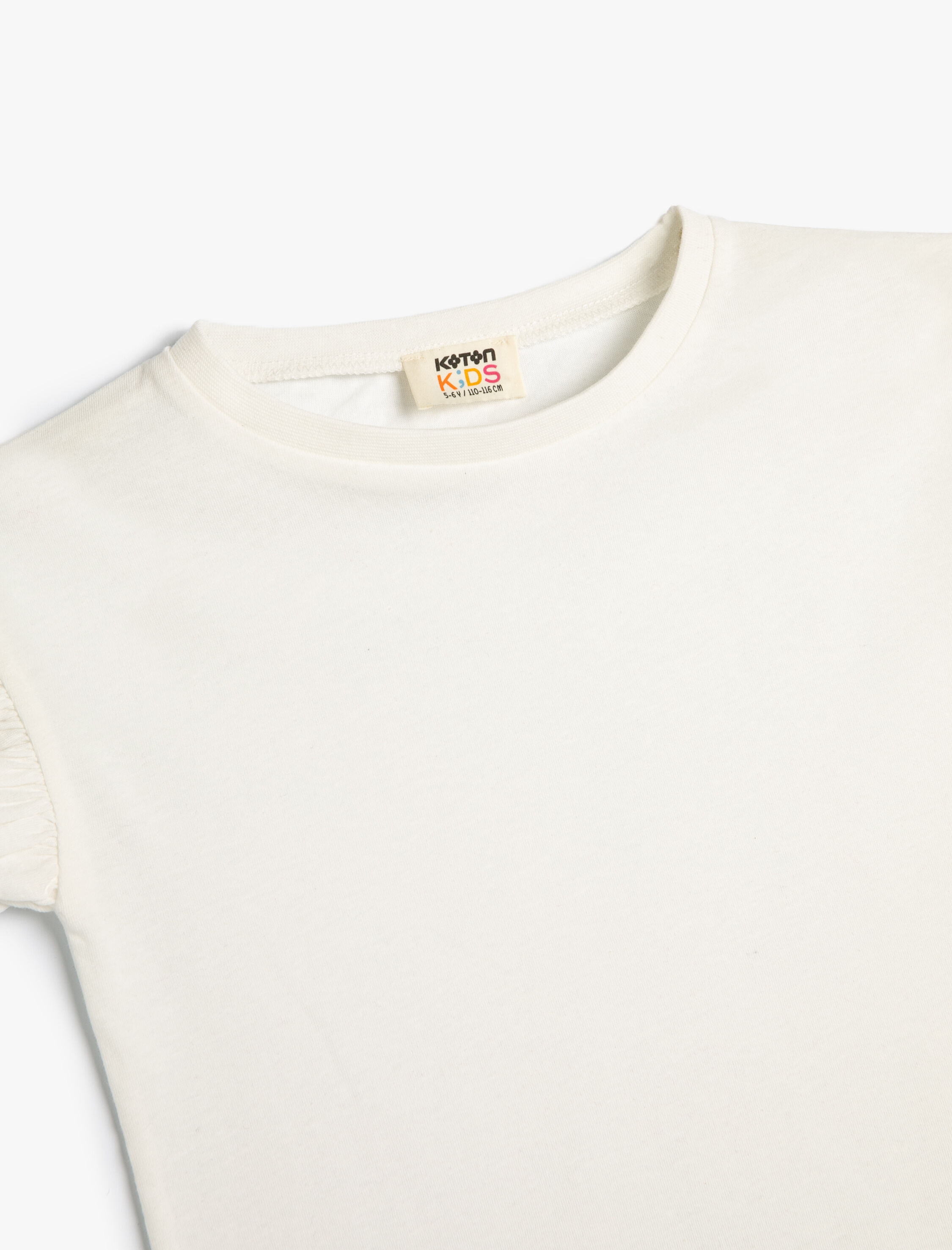  Kız Çocuk Basic Tişört Bisiklet Yaka Fırfır Kollu Pamuklu