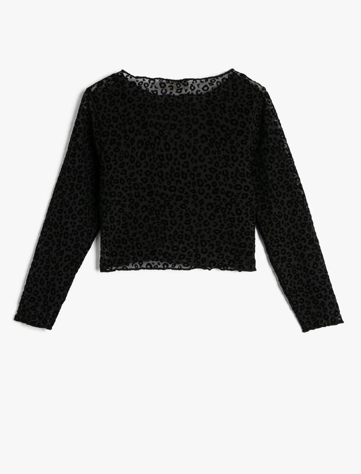 Kız Çocuk Crop Tişört Uzun Kollu Leopar Desenli Bisiklet Yaka