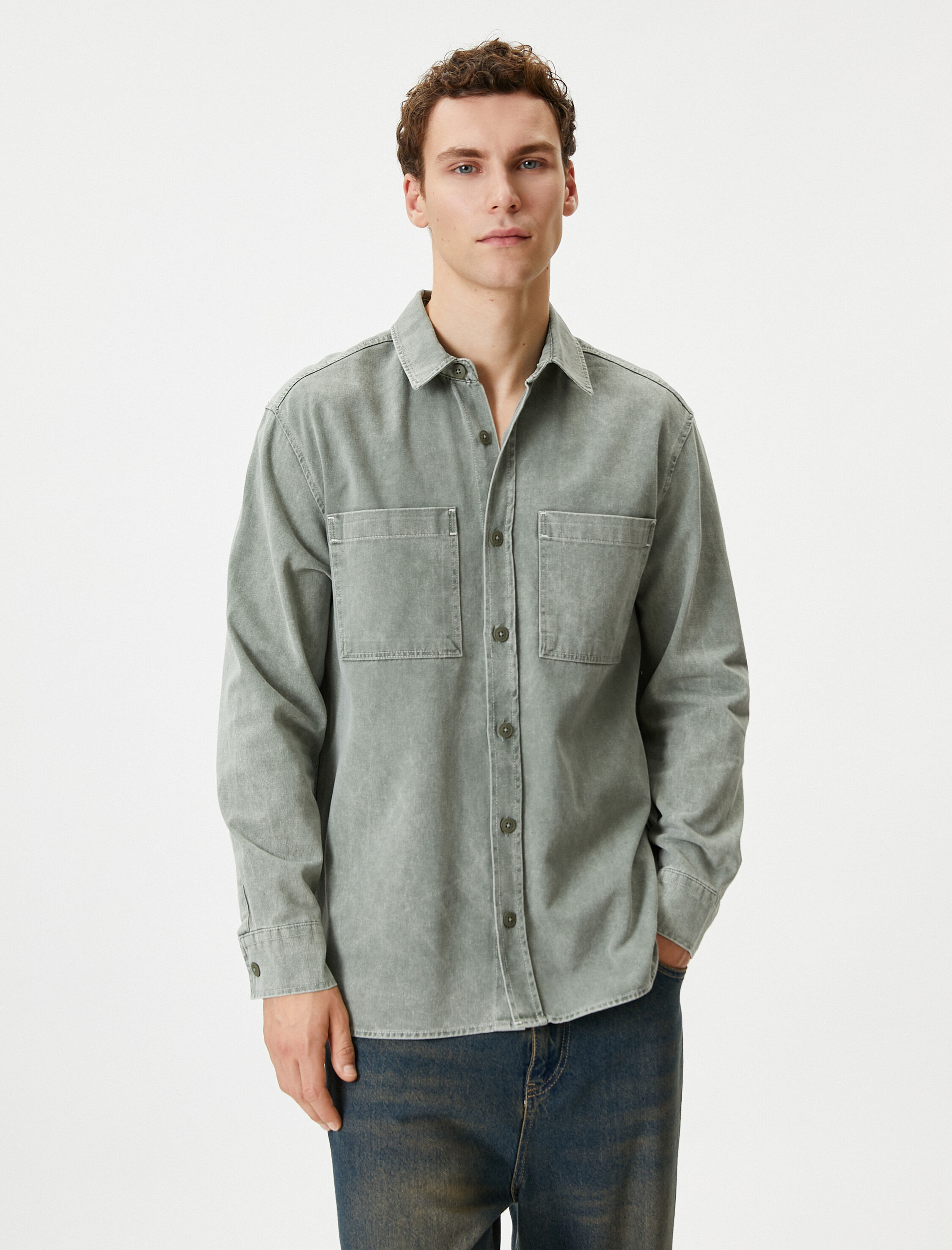   Yıkamalı Gömlek Uzun Kollu Klasik Yaka Cep Detaylı Regular Fit