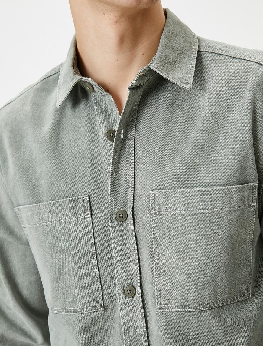   Yıkamalı Gömlek Uzun Kollu Klasik Yaka Cep Detaylı