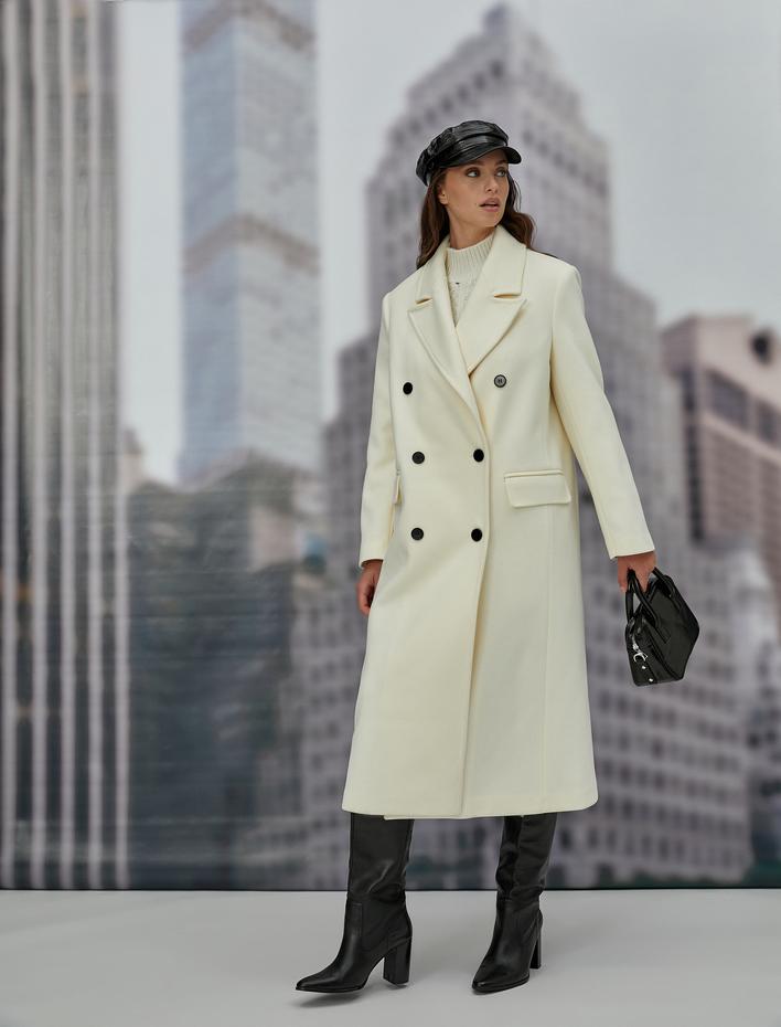  Oversize Kaşe Kaban Kruvaze Düğmeli Cep Detaylı