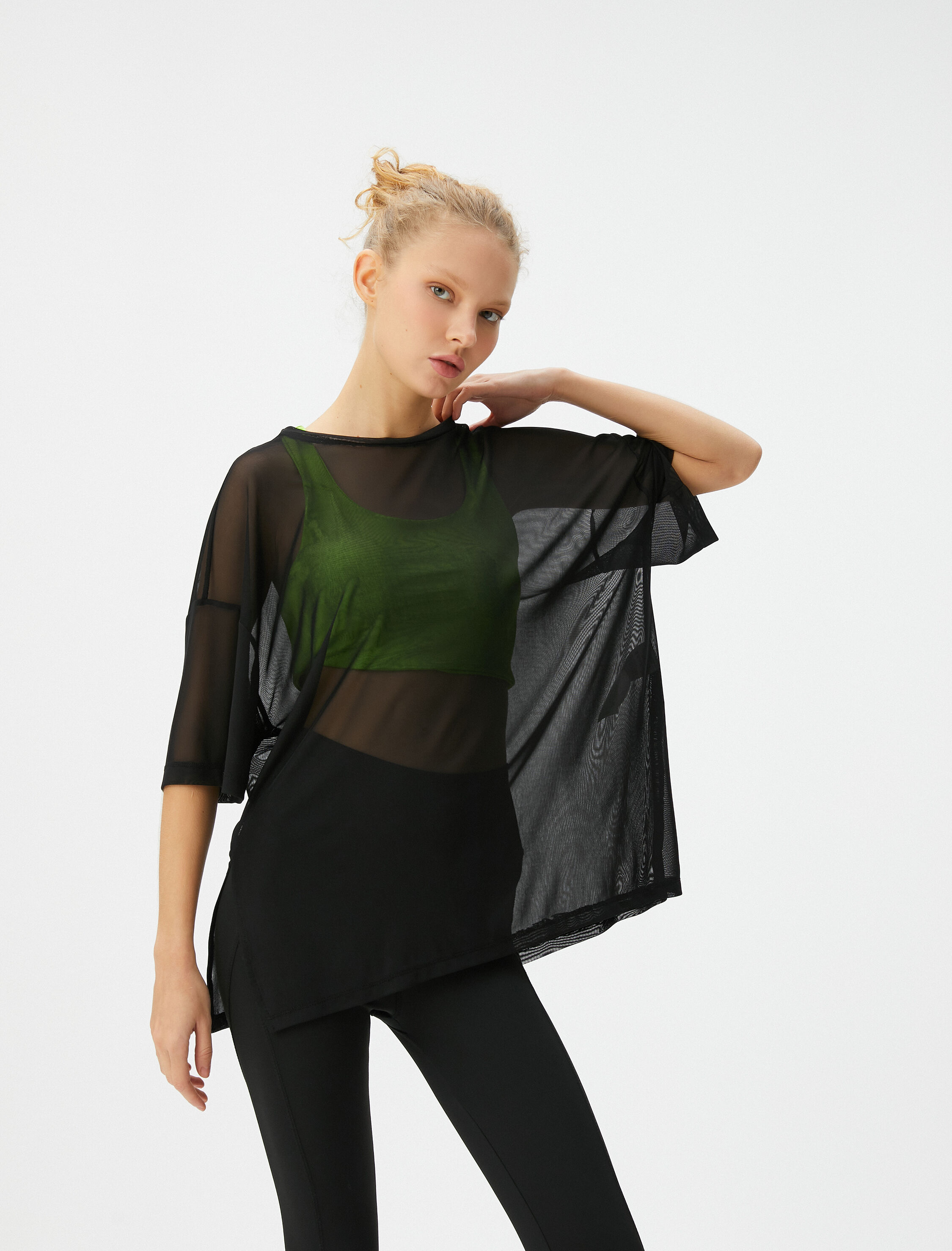   Tül Spor Tişört Oversize Kısa Kollu Bisiklet Yaka