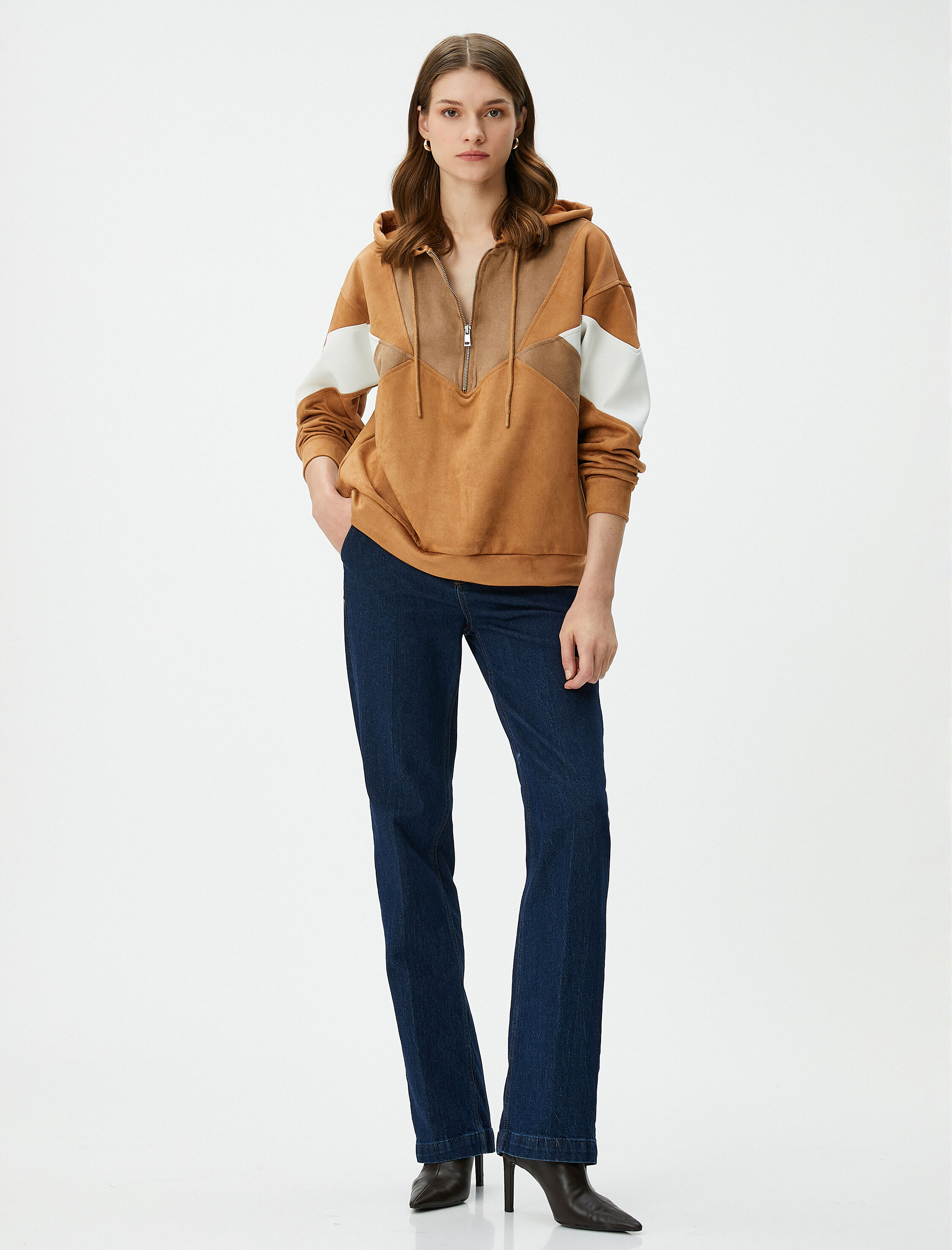   Kapşonlu Sweatshirt Yarım Fermuarlı Süet Dokulu Renk Bloklu