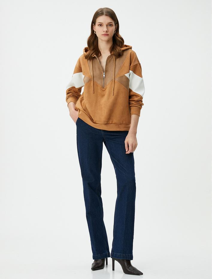  Kapşonlu Sweatshirt Yarım Fermuarlı Süet Dokulu Renk Bloklu