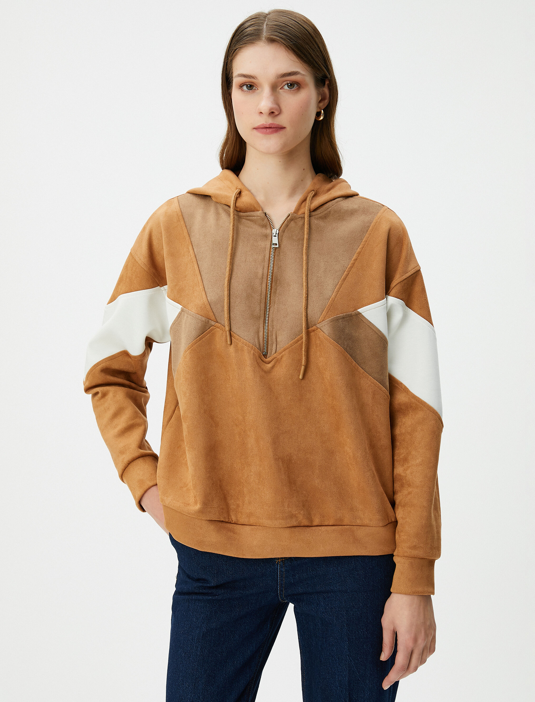   Kapşonlu Sweatshirt Yarım Fermuarlı Süet Dokulu Renk Bloklu