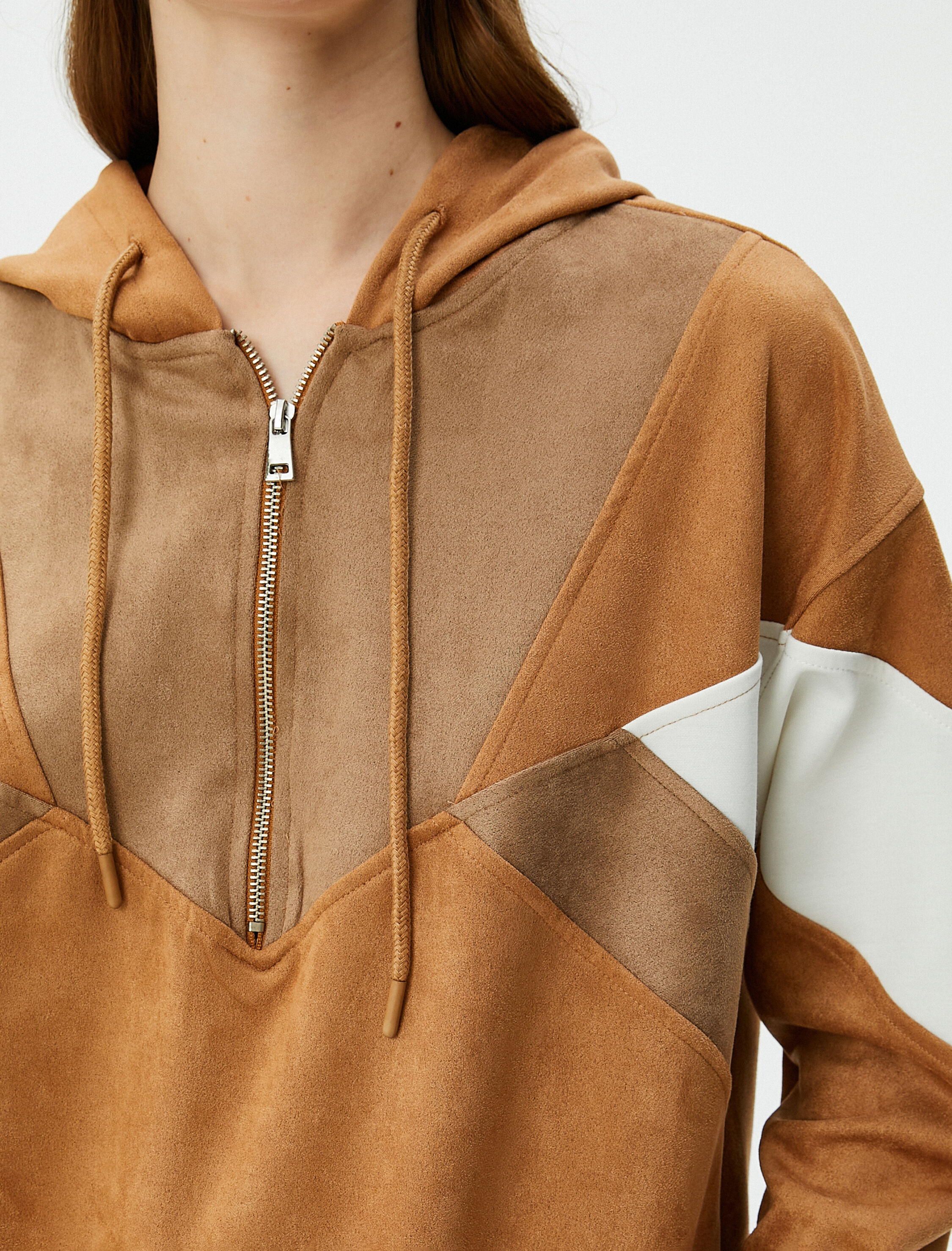   Kapşonlu Sweatshirt Yarım Fermuarlı Süet Dokulu Renk Bloklu