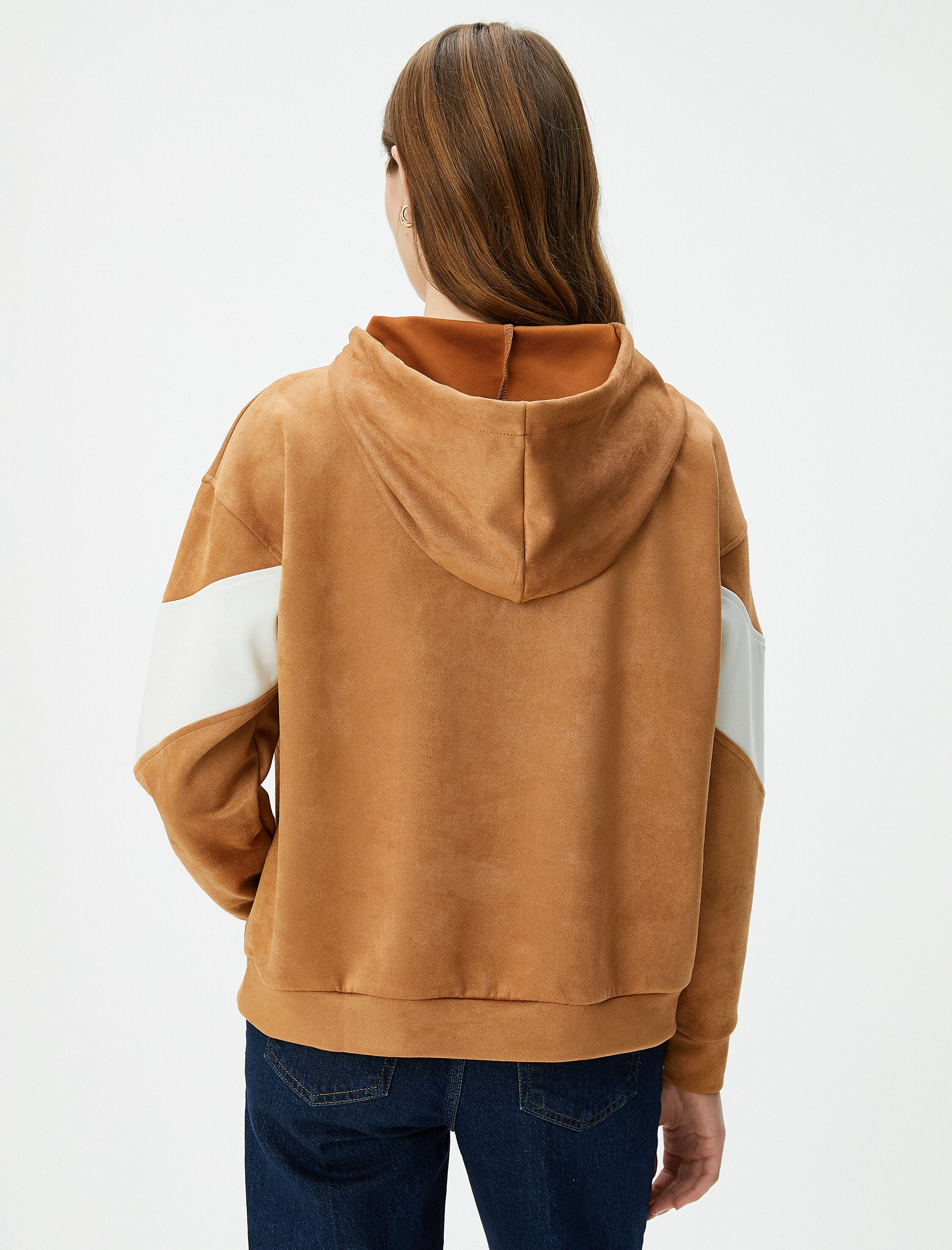   Kapşonlu Sweatshirt Yarım Fermuarlı Süet Dokulu Renk Bloklu