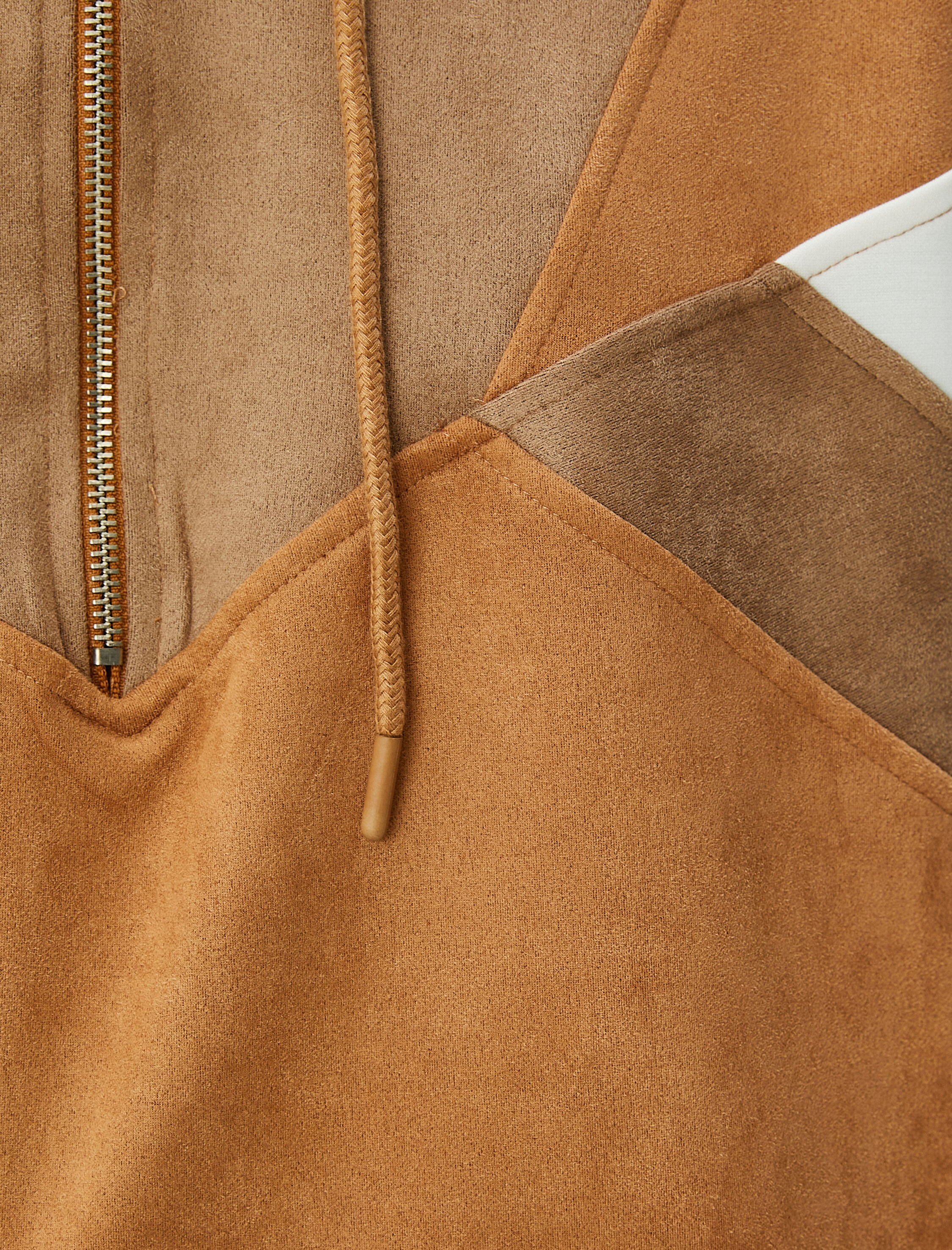   Kapşonlu Sweatshirt Yarım Fermuarlı Süet Dokulu Renk Bloklu