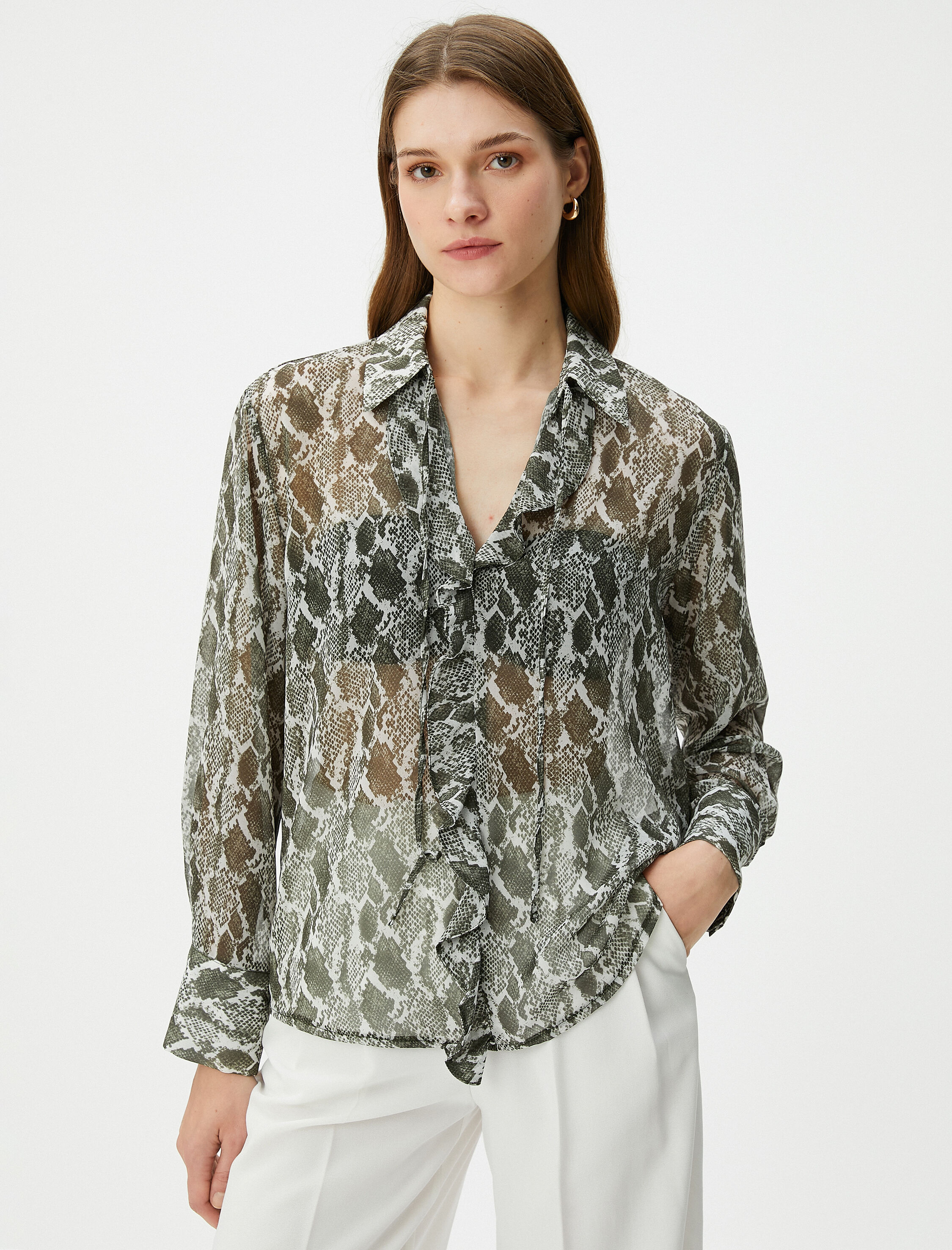 Şifon Bluz Uzun Kollu Yılan Derisi Desenli Fırfırlı