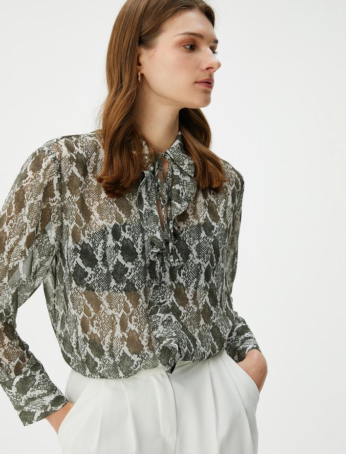  Şifon Bluz Uzun Kollu Yılan Derisi Desenli Fırfırlı