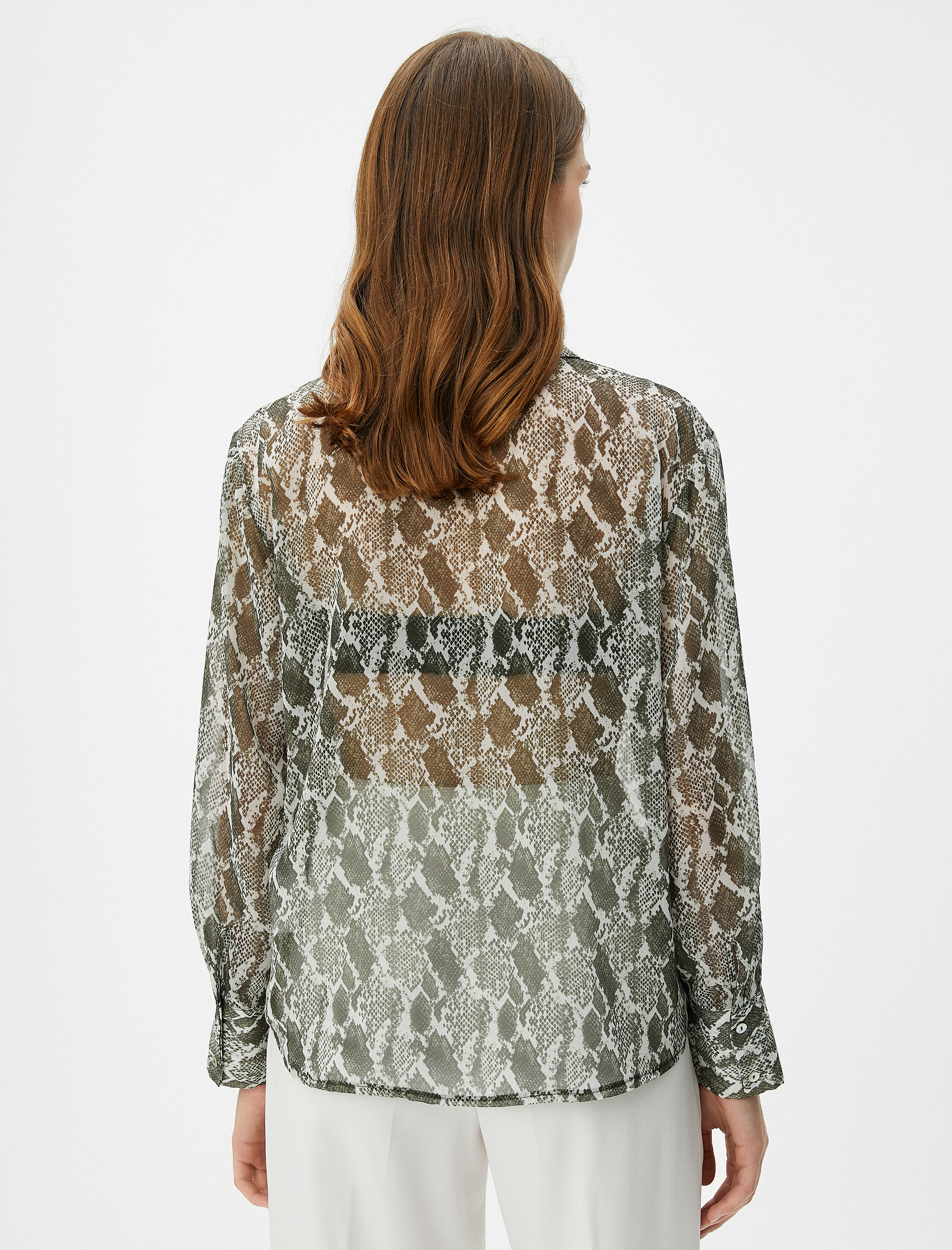 Şifon Bluz Uzun Kollu Yılan Derisi Desenli Fırfırlı