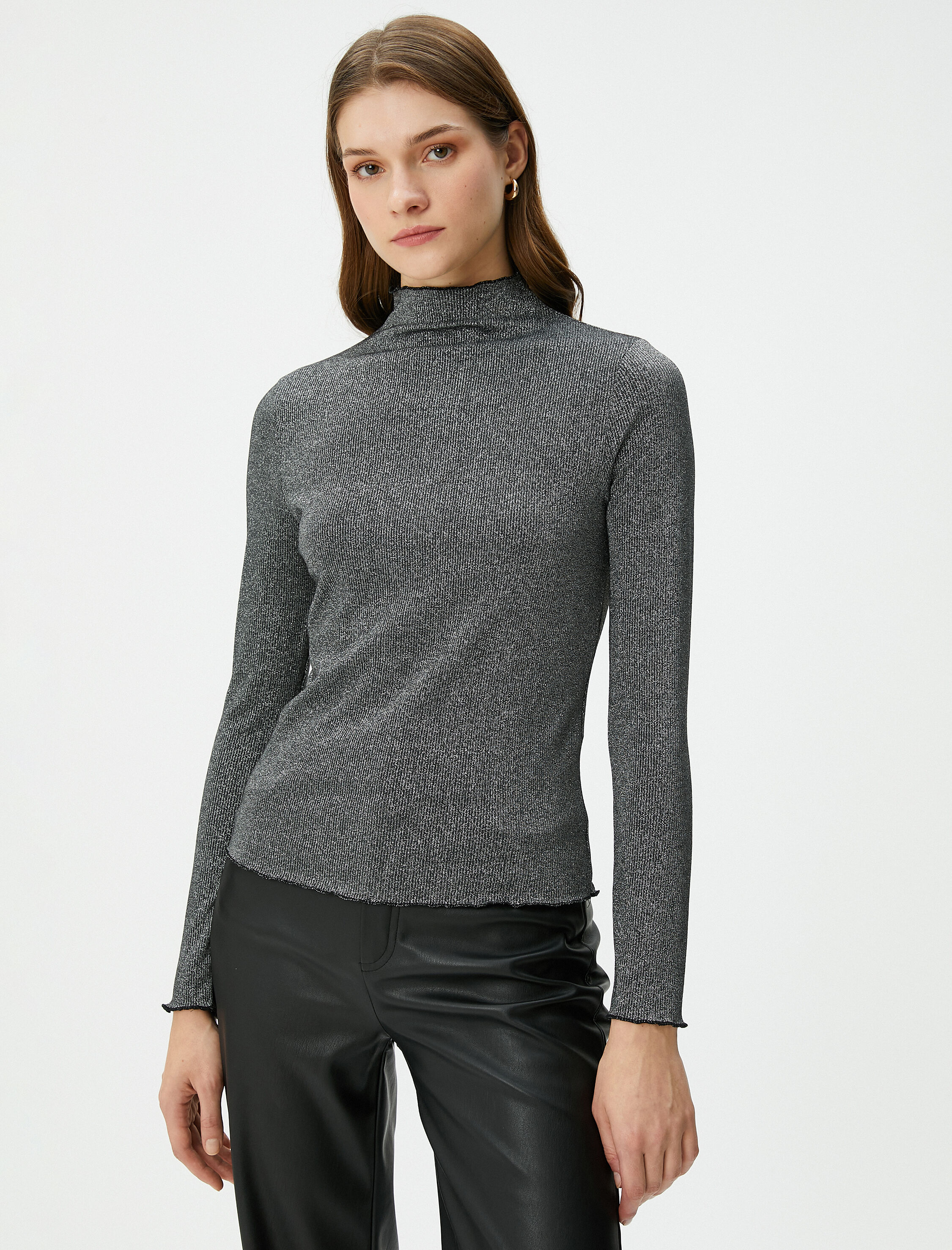   Uzun Kollu Tişört Metalik Dik Yaka Slim Fit