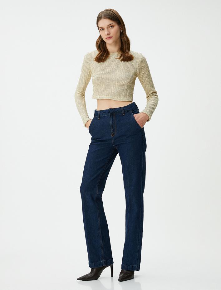  Crop Kazak Simli Bisiklet Yaka Uzun Kollu