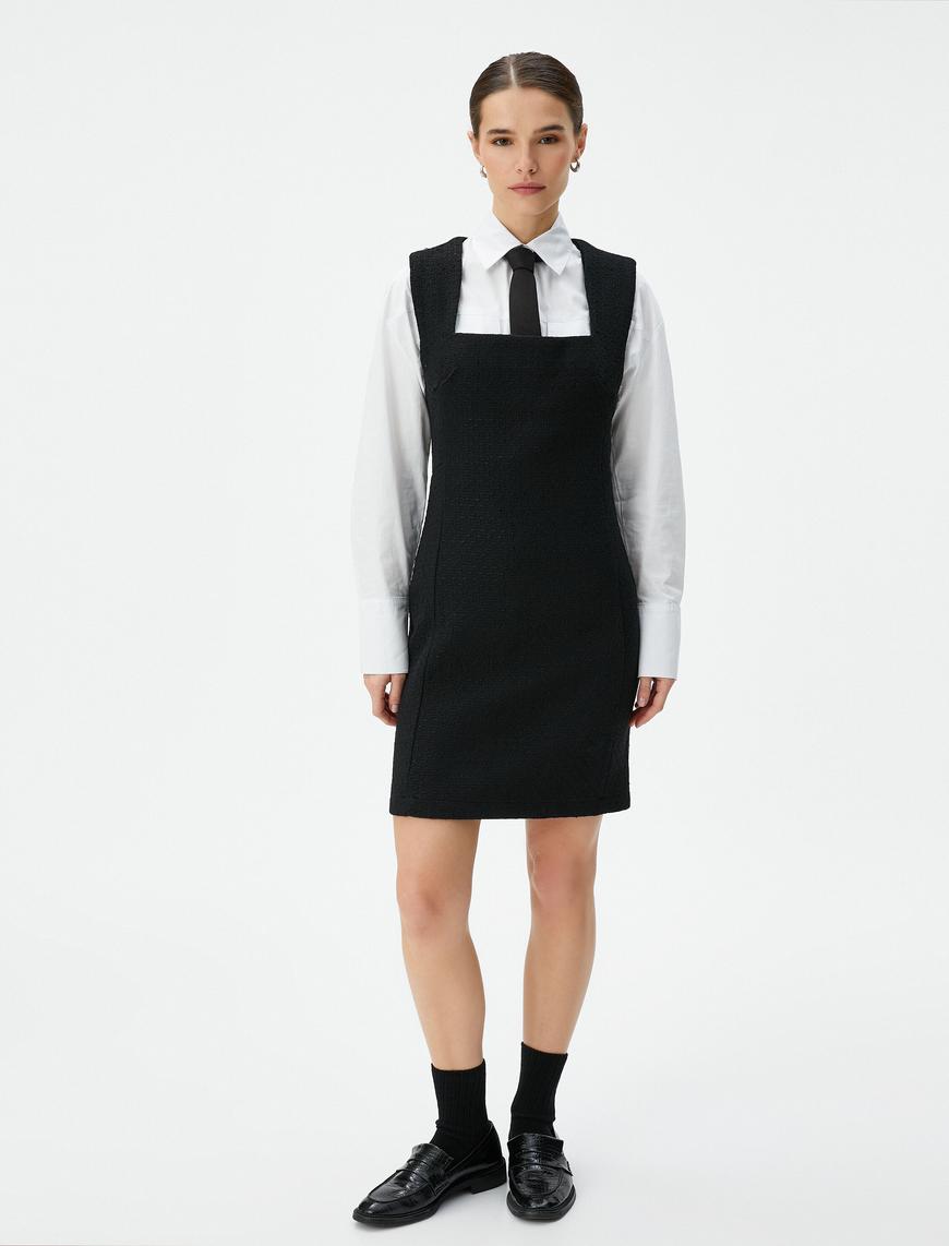   Mini Tüvit Elbise Kare Yaka Kalın Askılı