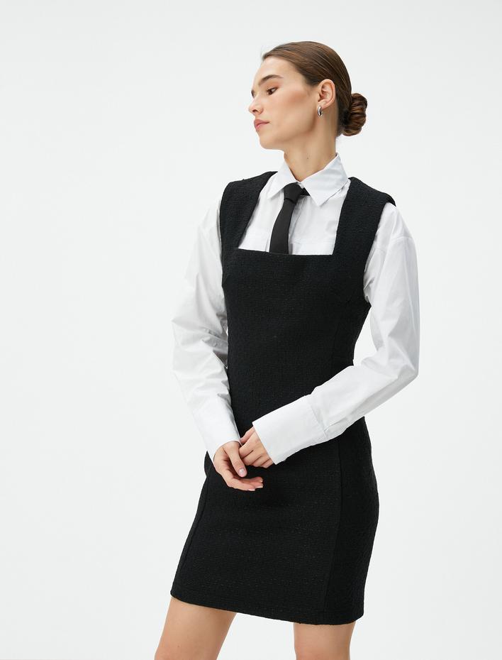  Mini Tüvit Elbise Kare Yaka Kalın Askılı