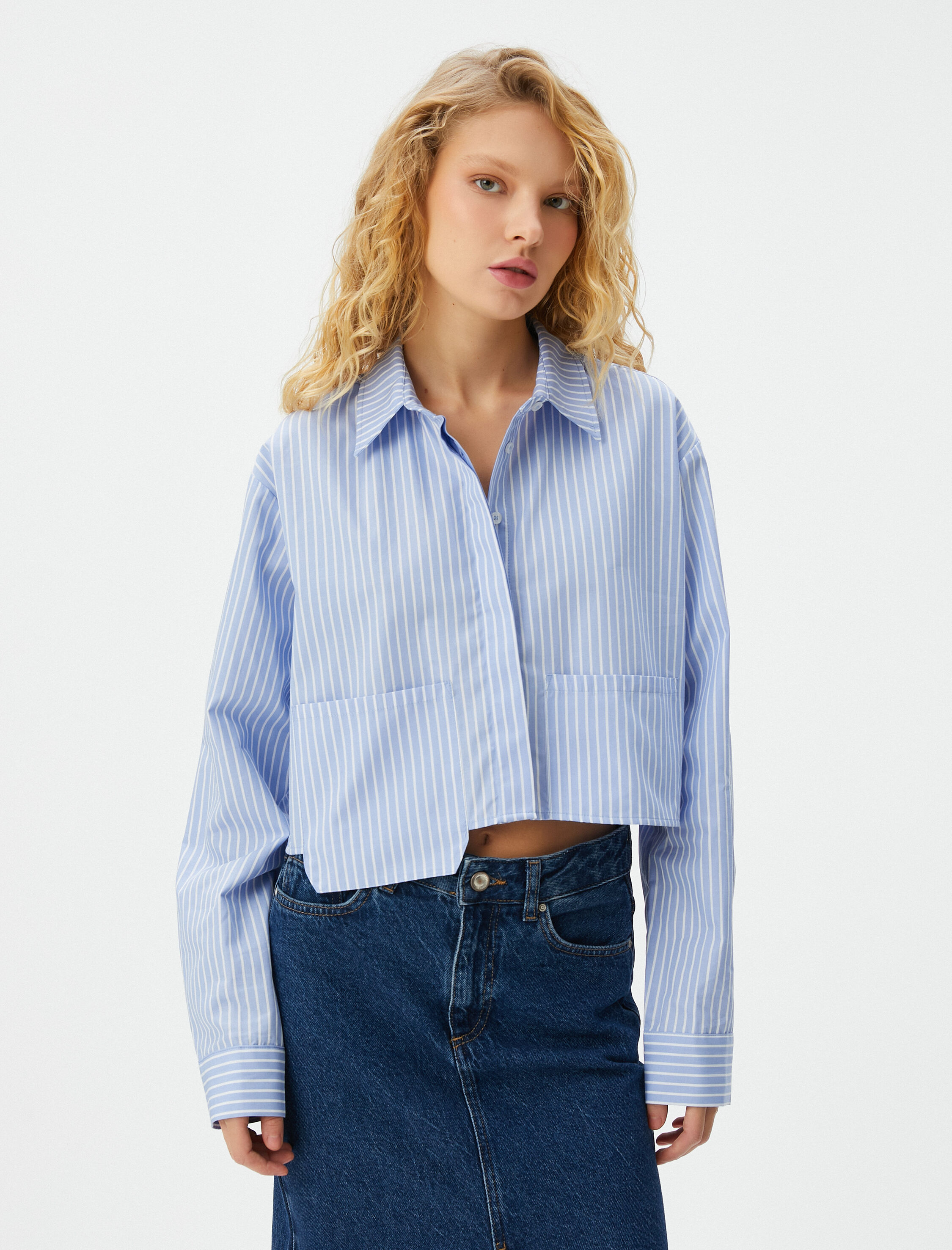   Crop Gömlek Uzun Kollu Asimetrik Kesim Cepli Pamuklu