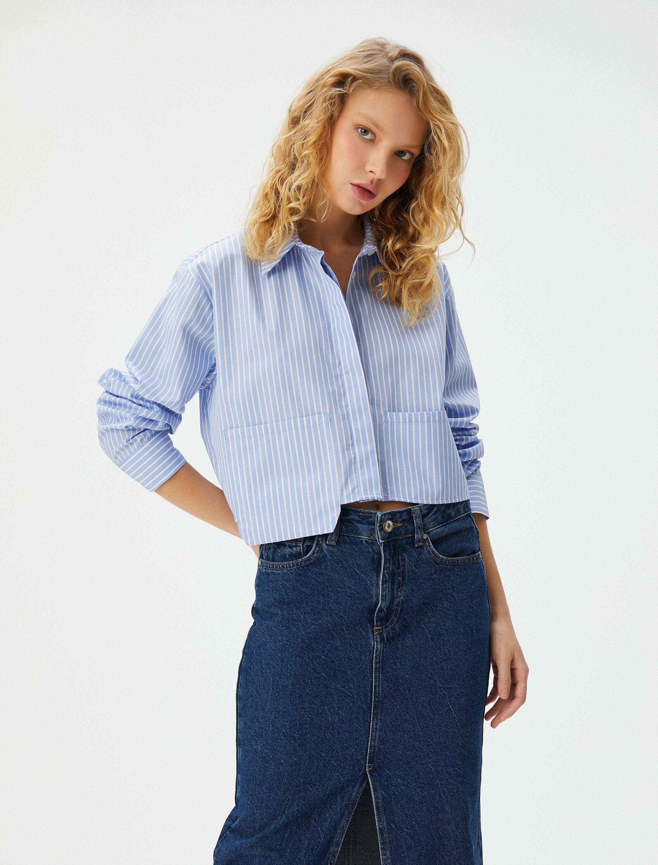   Crop Gömlek Uzun Kollu Asimetrik Kesim Cepli Pamuklu