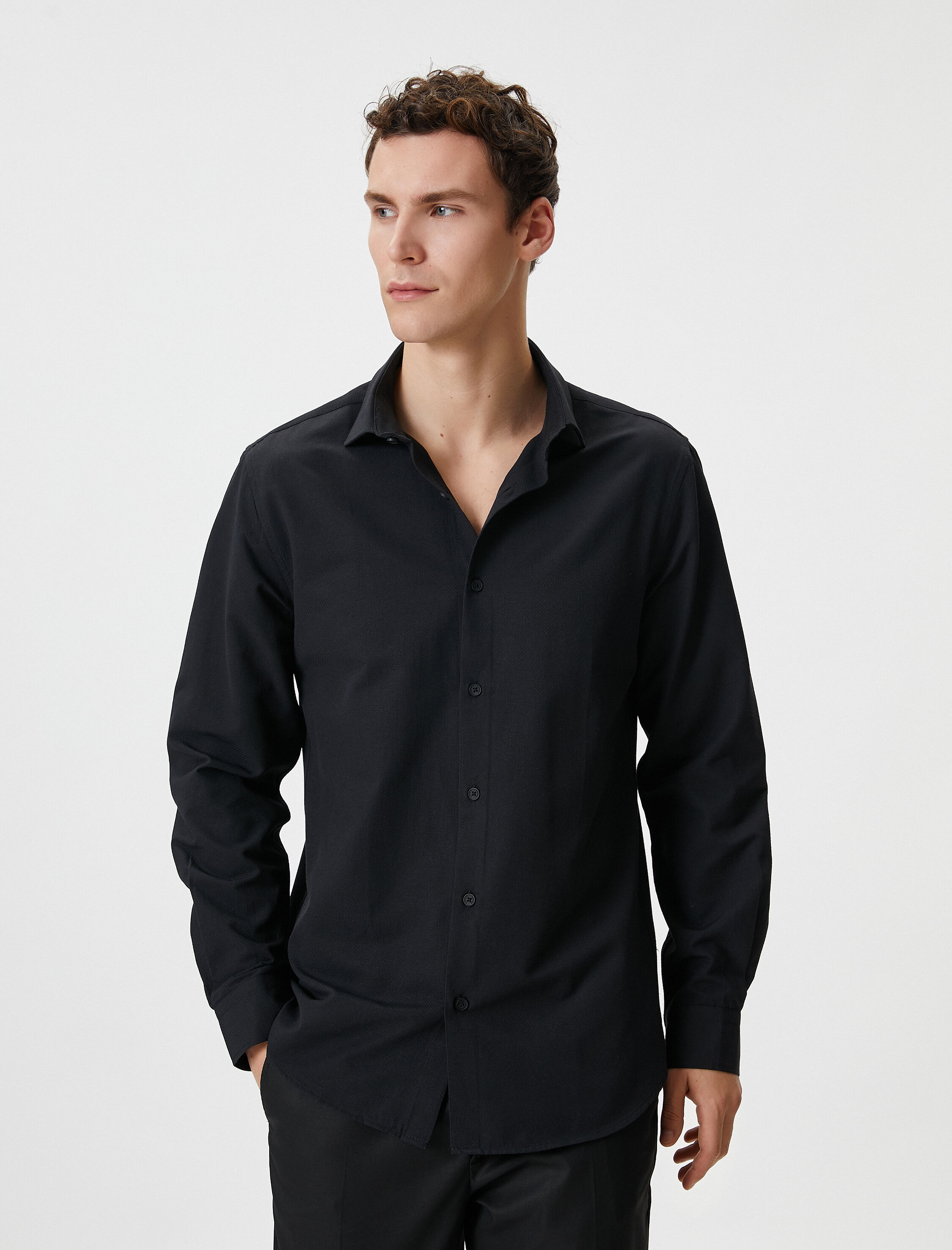   Slim Fit Gömlek Yarım İtalyan Yaka Düğmeli Dokulu