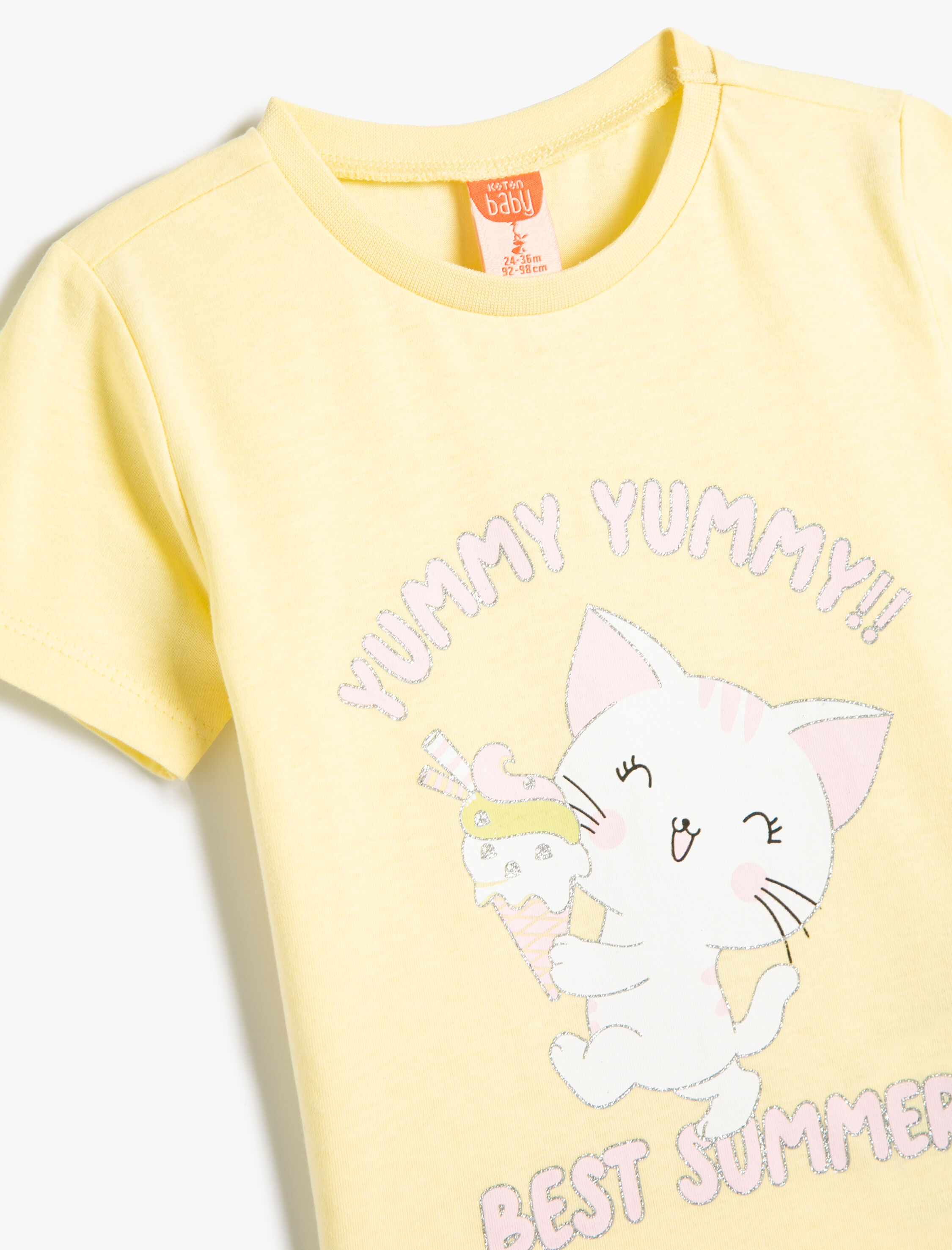  Kız Bebek Tişört Kısa Kollu Kedi Baskılı Bisiklet Yaka Pamuklu