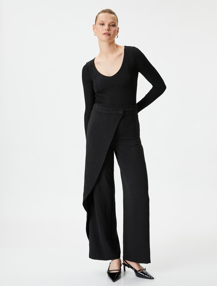  Bol Paça Pantolon Kapaklı Düğme Detaylı