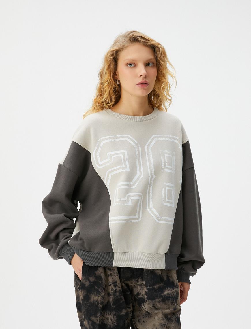   Rahat Kalıp Sweatshirt Renk Bloklu Baskılı Şardonlu Bisiklet Yaka Uzun Kollu