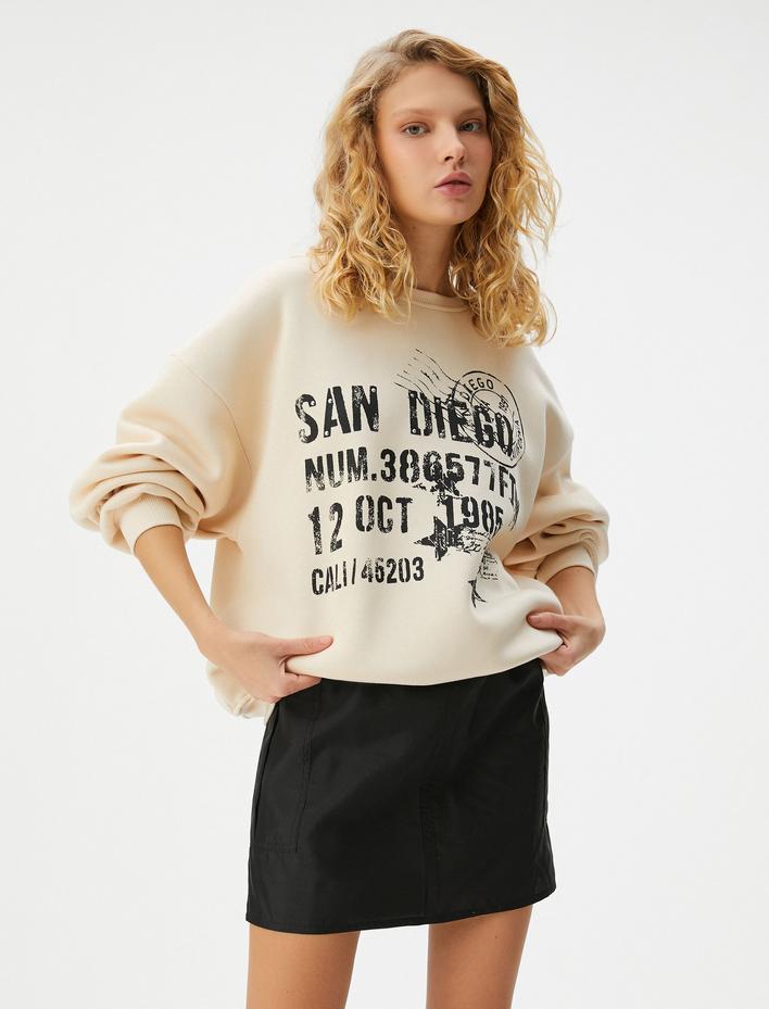  Şardonlu Baskılı Sweatshirt Uzun Kollu Bisiklet Yaka Pamuk Karışımlı