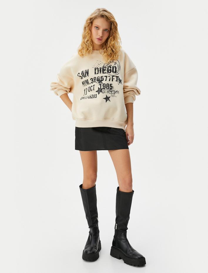  Şardonlu Baskılı Sweatshirt Uzun Kollu Bisiklet Yaka Pamuk Karışımlı