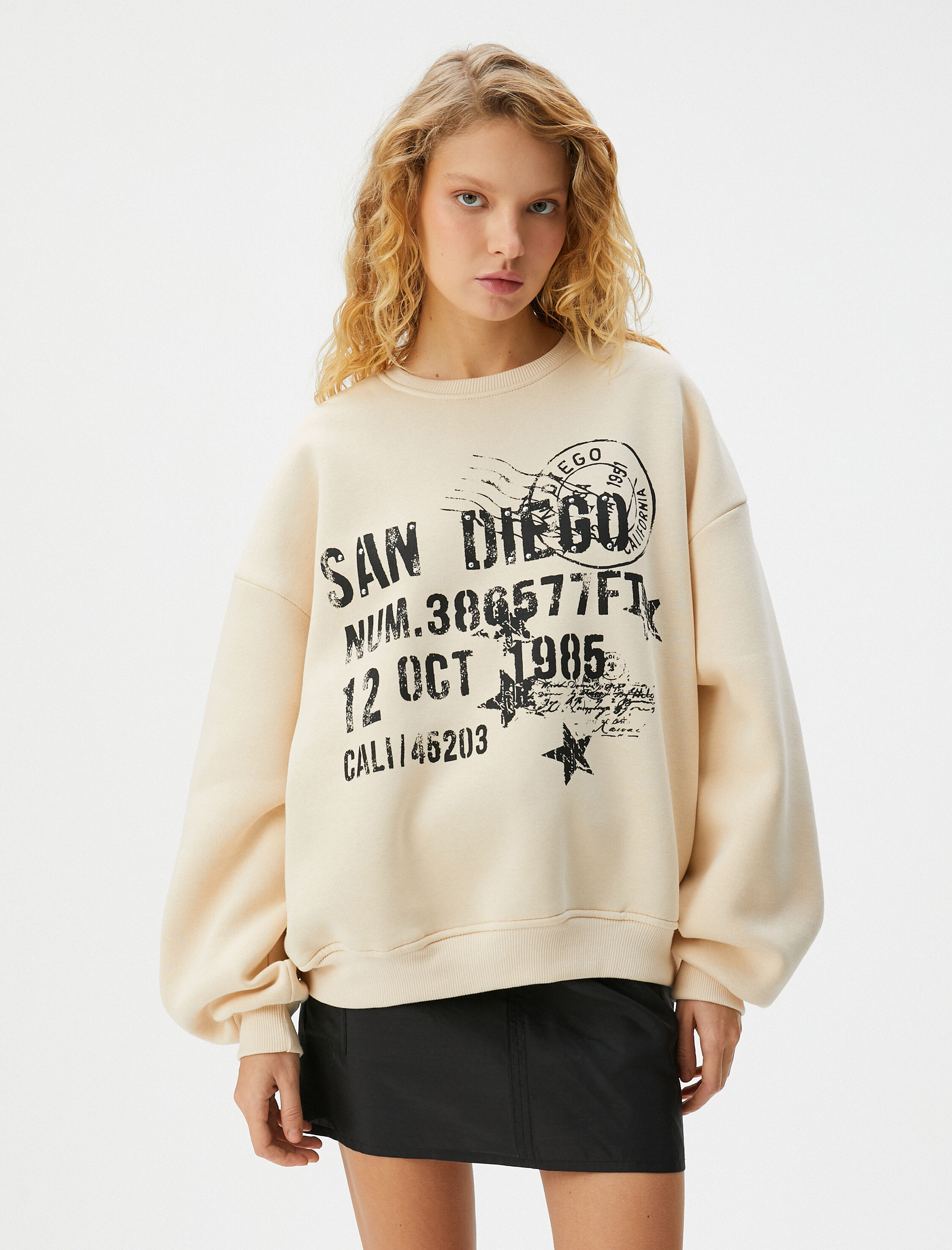   Şardonlu Baskılı Sweatshirt Uzun Kollu Bisiklet Yaka Pamuk Karışımlı