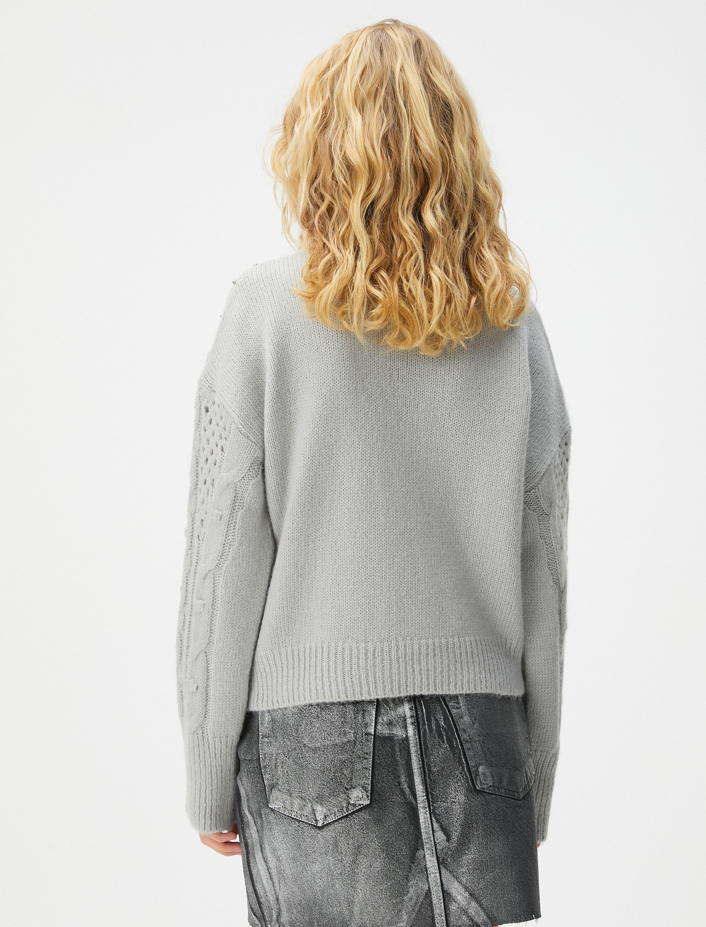   Taşlı Ajurlu Balıkçı Yaka Kazak Uzun Kollu Yumuşak Dokulu