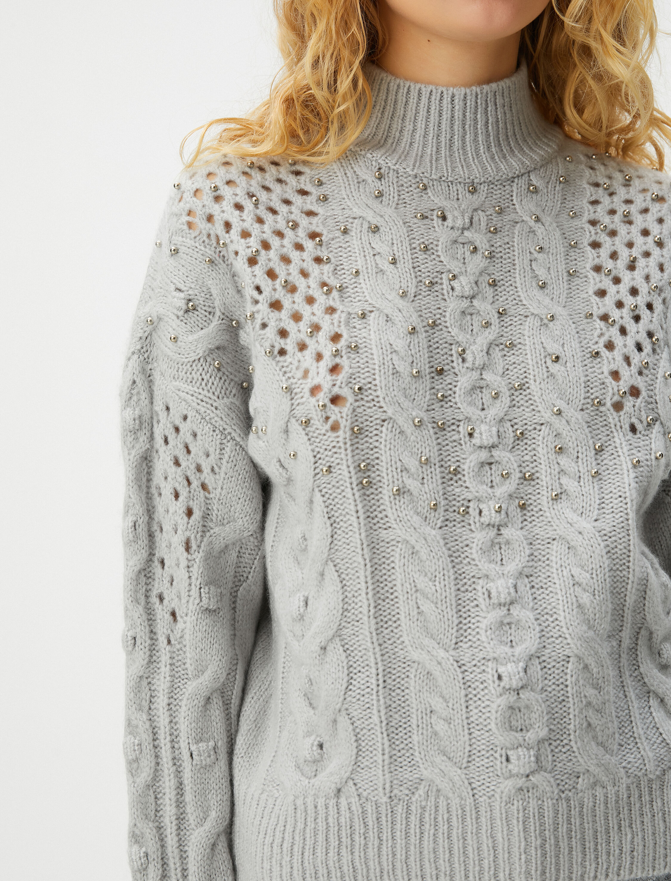   Taşlı Ajurlu Balıkçı Yaka Kazak Uzun Kollu Yumuşak Dokulu