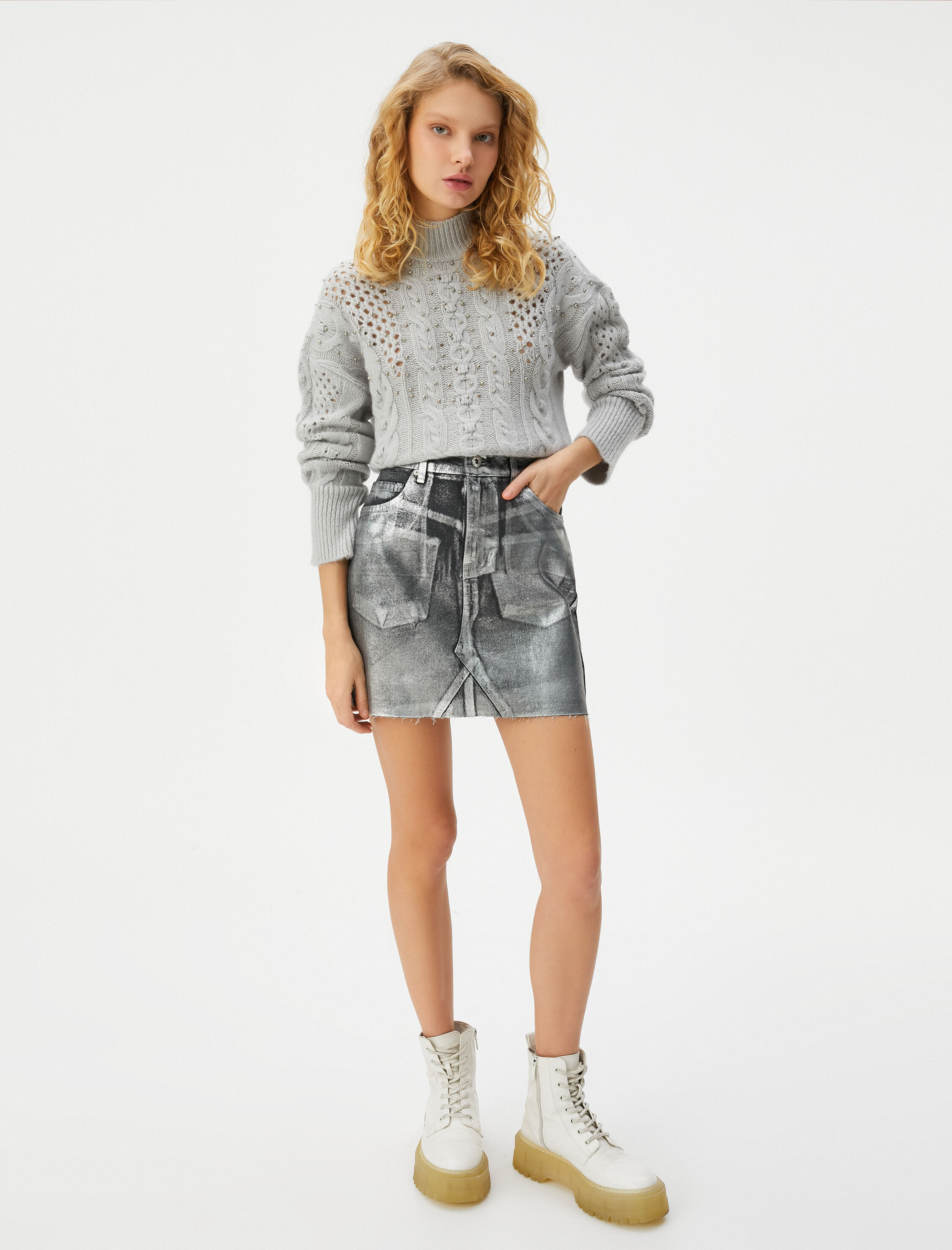   Taşlı Ajurlu Balıkçı Yaka Kazak Uzun Kollu Yumuşak Dokulu